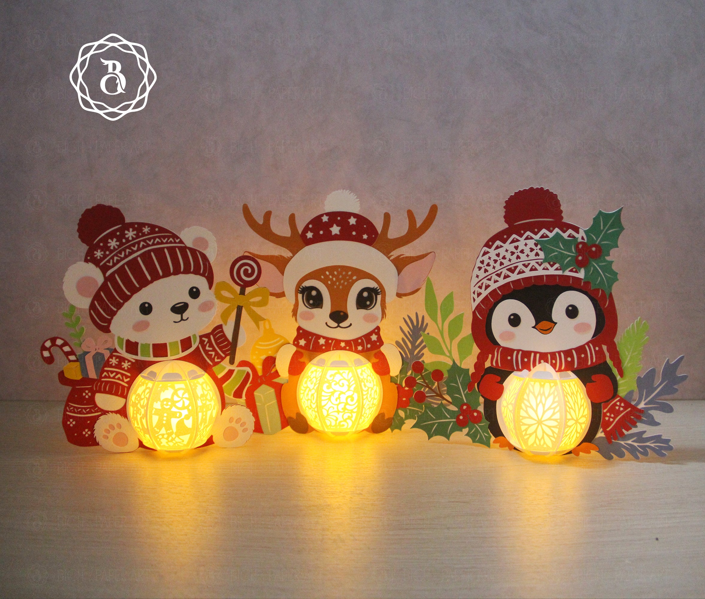 Pack of 3 Animal Christmas Paper Lantern SVG Template Digital Files