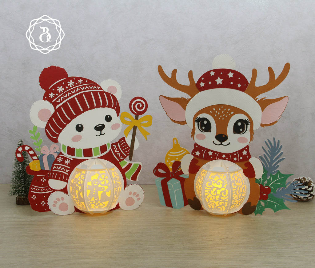 Pack of 3 Animal Christmas Paper Lantern SVG Template Digital Files