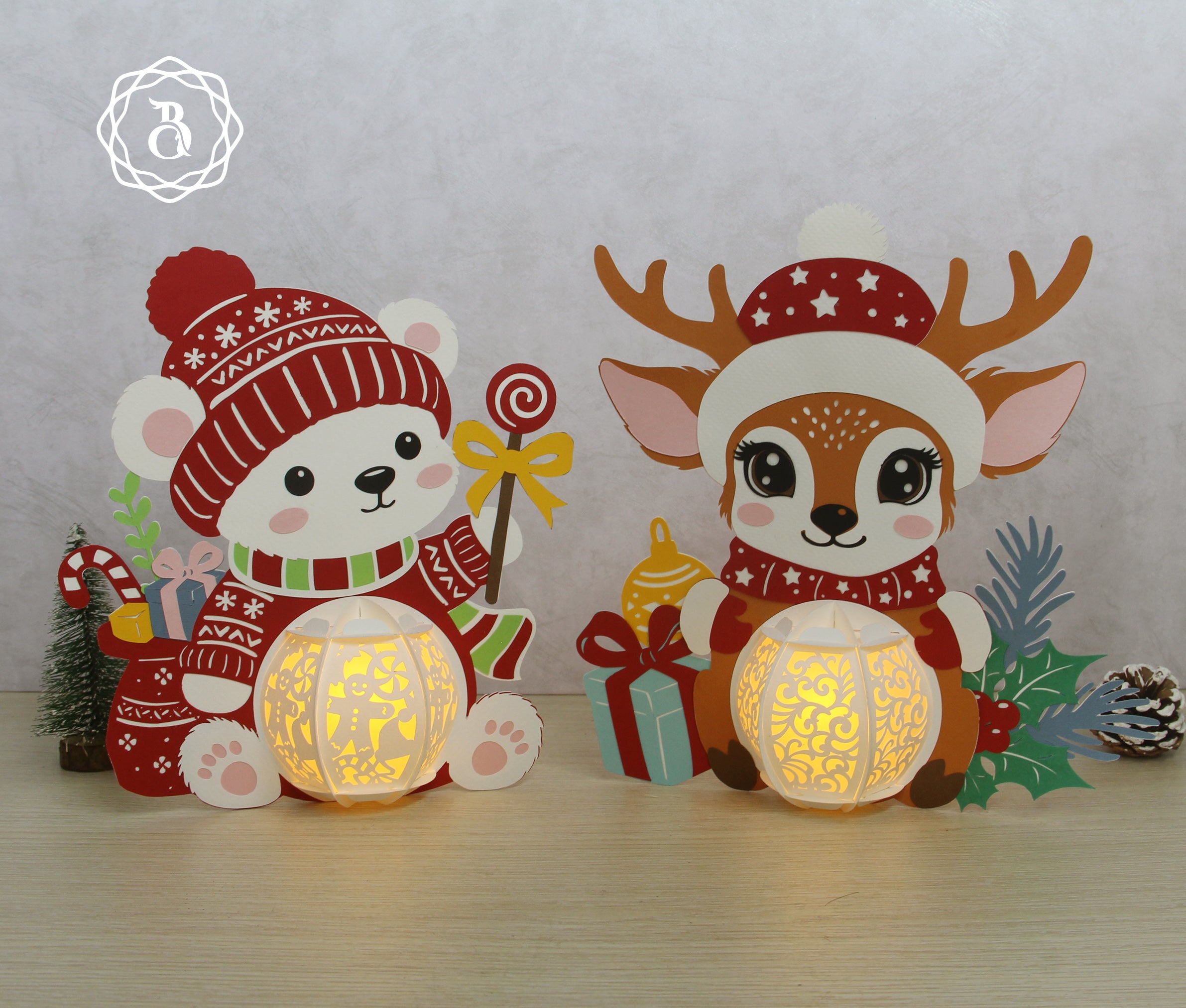 Pack of 3 Animal Christmas Paper Lantern SVG Template Digital Files