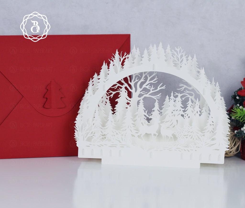 Christmas Deer Paper Cut Lamp SVG | Deer Forest Shadow Box Template