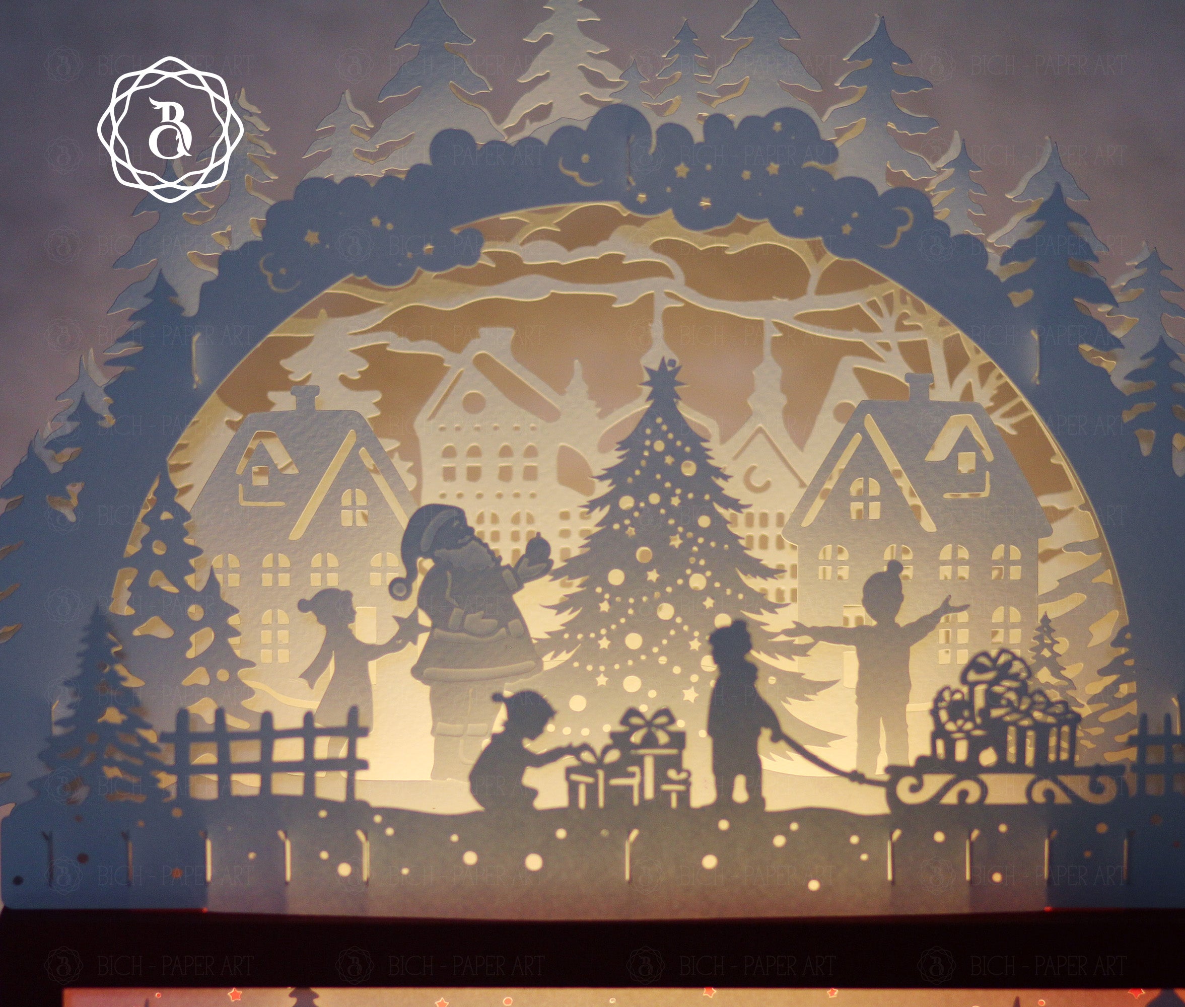 Santa Claus With Christmas Tree Paper Cut Lamp SVG | Christmas Shadow Box Light Box Template Digital Files