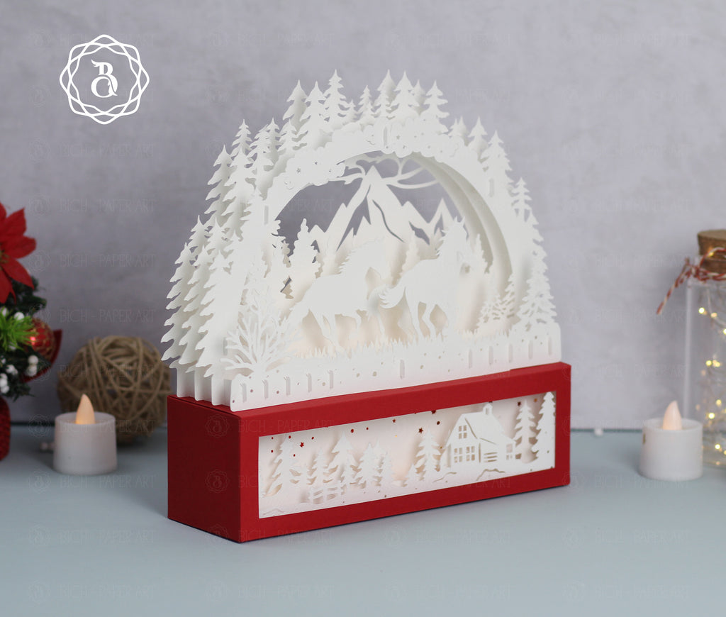 Christmas Horse Paper Cut Lamp SVG | Winter Forest Horse Paper Art Template Digital Files