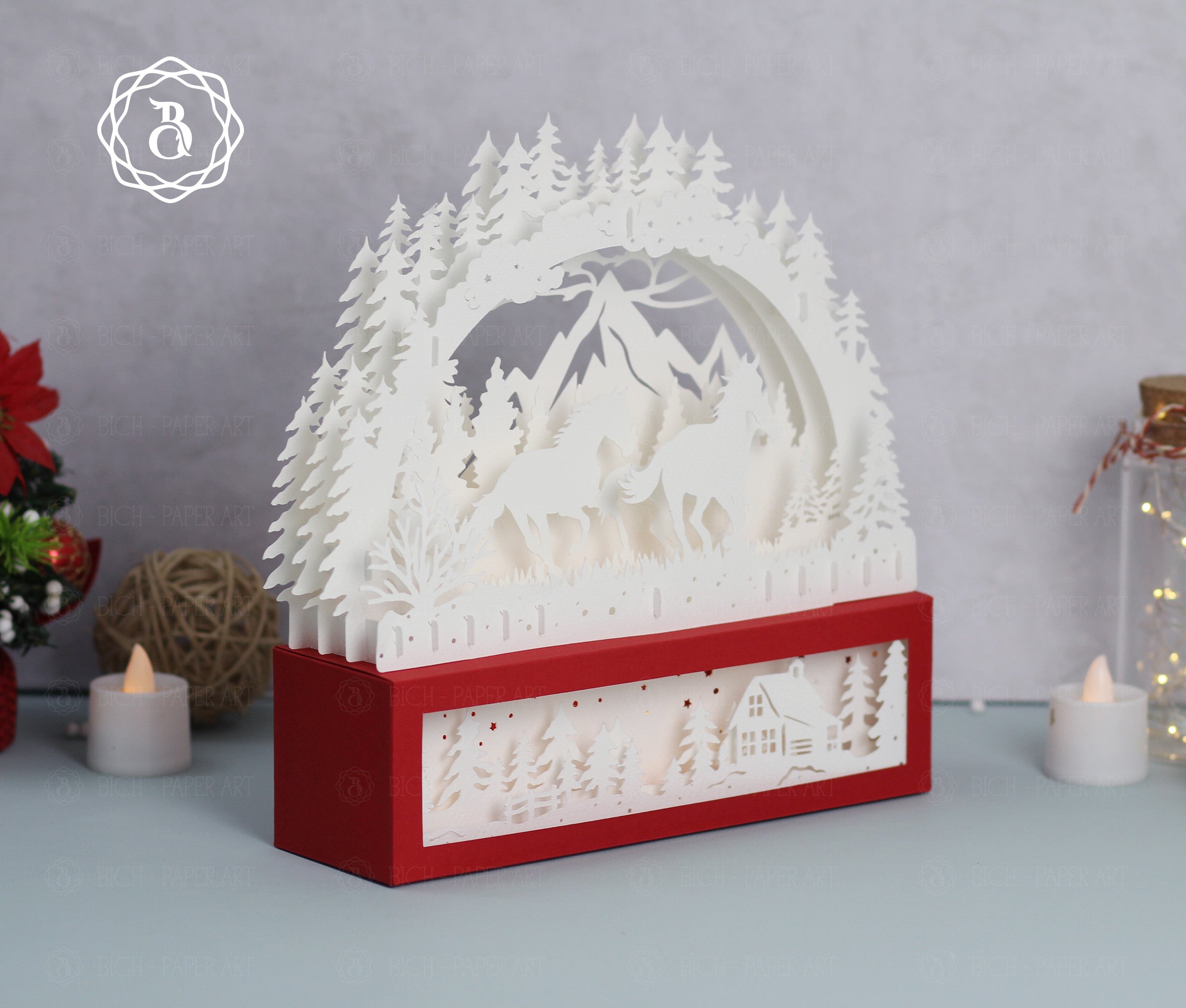 Christmas Horse Paper Cut Lamp SVG | Winter Forest Horse Paper Art Template Digital Files