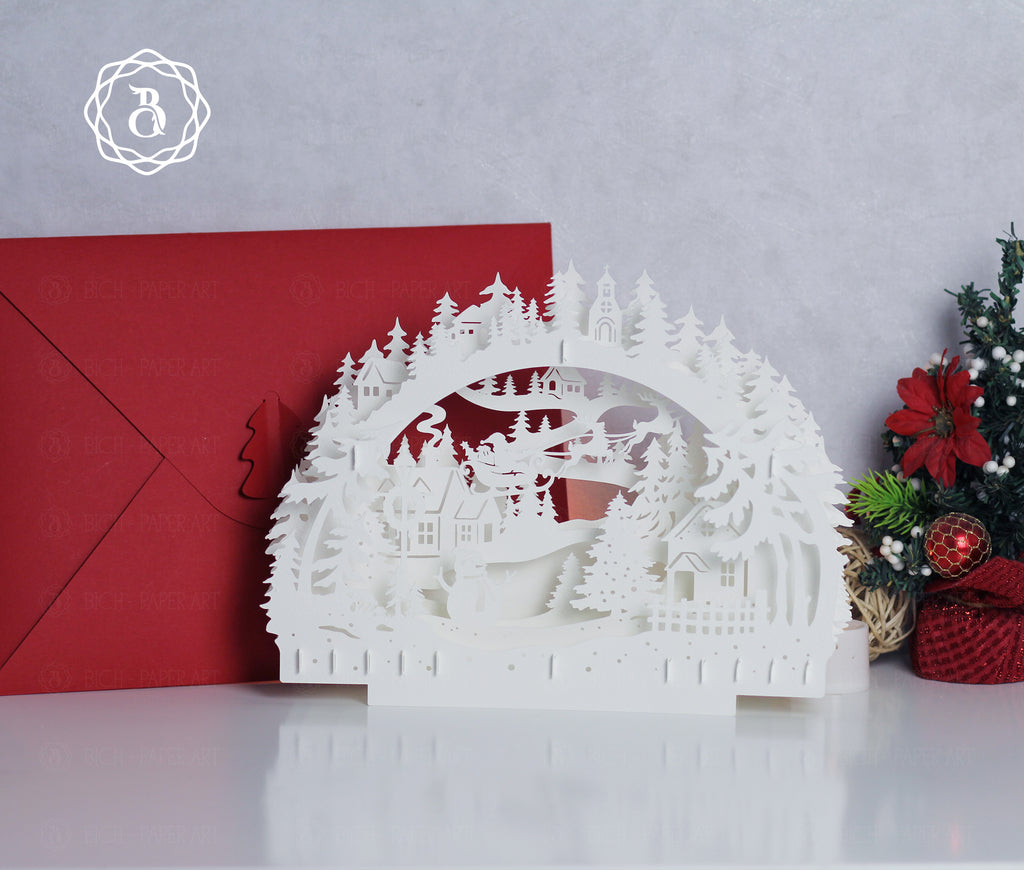 Christmas Santa Claus Riding Reindeer Paper Cut Lamp SVG | Santa Sleigh Shadow Box Light Box
