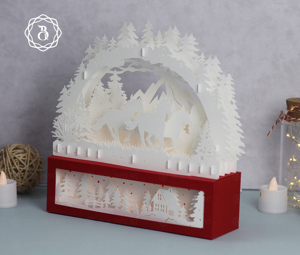 Christmas Horse Paper Cut Lamp SVG | Winter Forest Horse Paper Art Template Digital Files