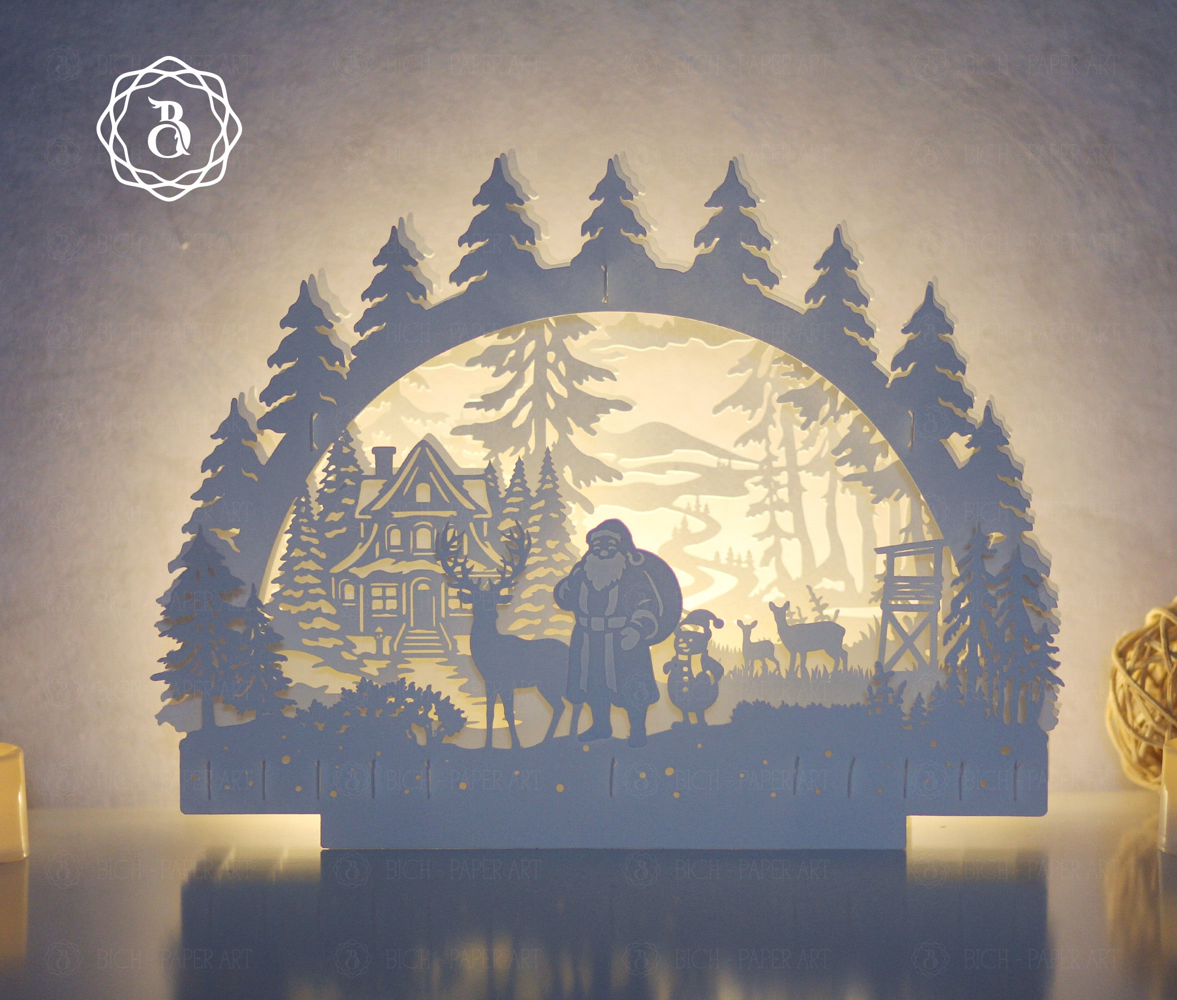 Santa Claus and His Friend Paper Cut Lamp SVG | Christmas Shadow Box Light Box Template