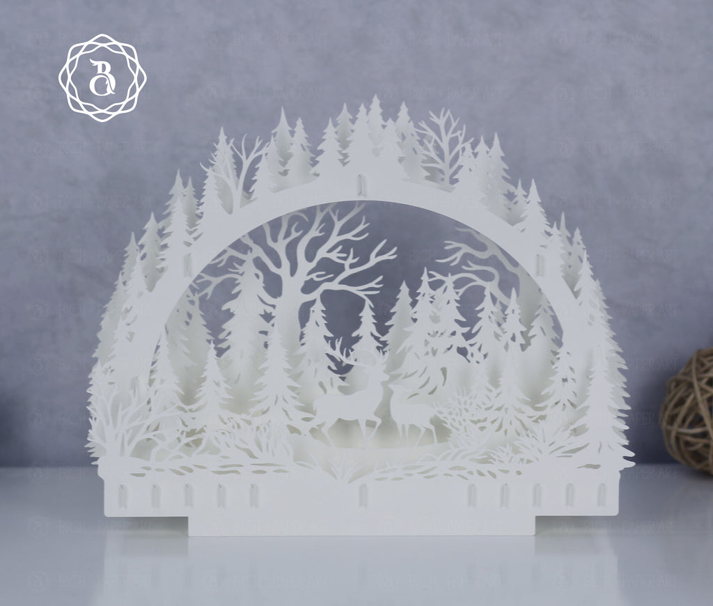 Christmas Deer Paper Cut Lamp SVG | Deer Forest Shadow Box Template