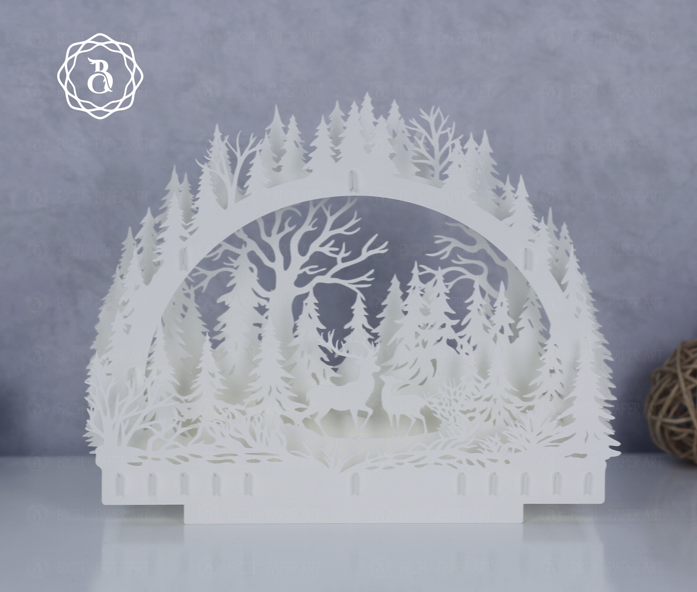 Christmas Deer Paper Cut Lamp SVG | Deer Forest Shadow Box Template
