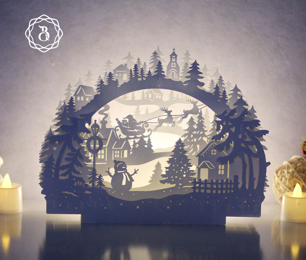 Christmas Santa Claus Riding Reindeer Paper Cut Lamp SVG | Santa Sleigh Shadow Box Light Box