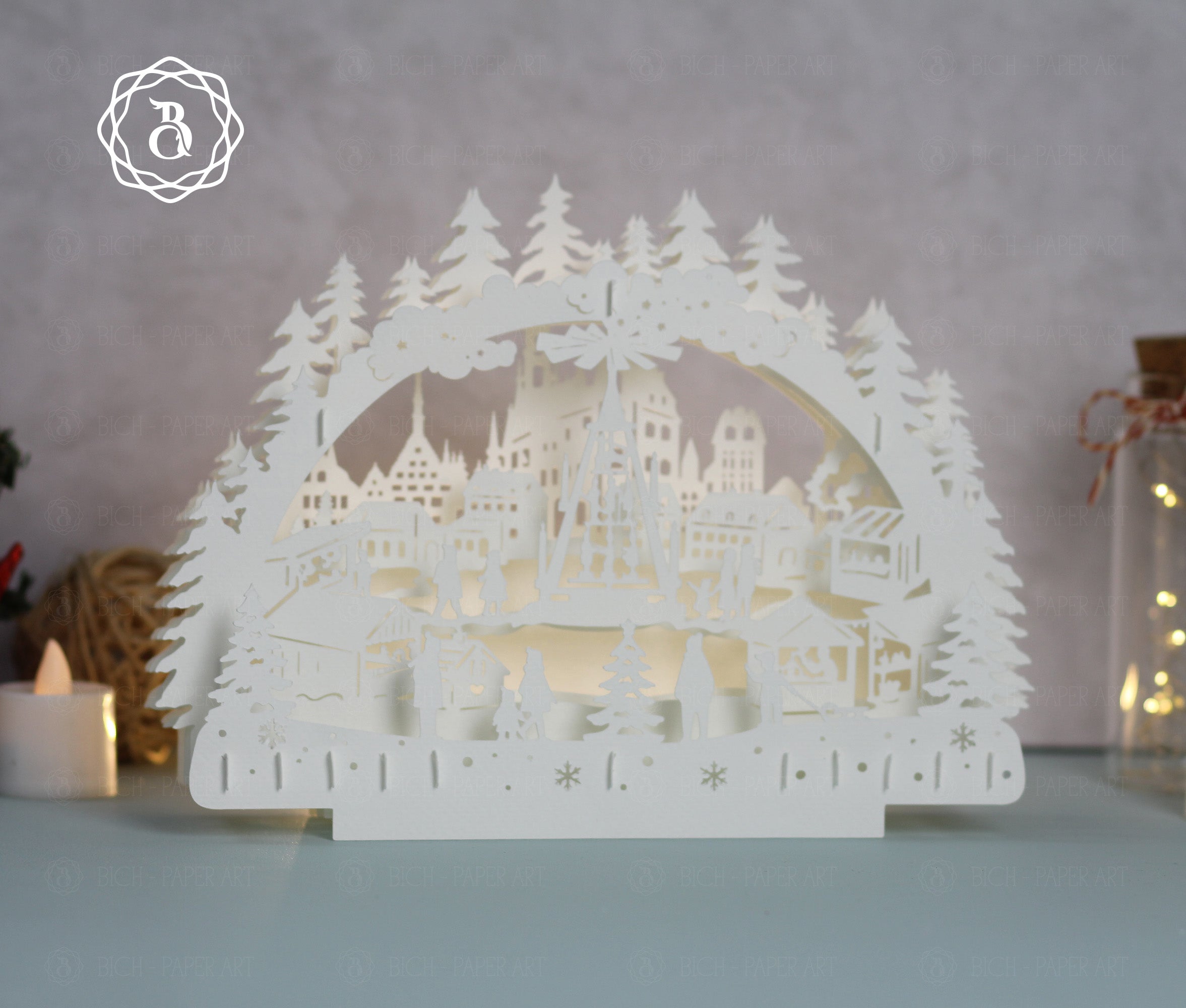 Paper Cut Lamp Christmas Market SVG | Layered Paper Cut File For Cricut Digital Files