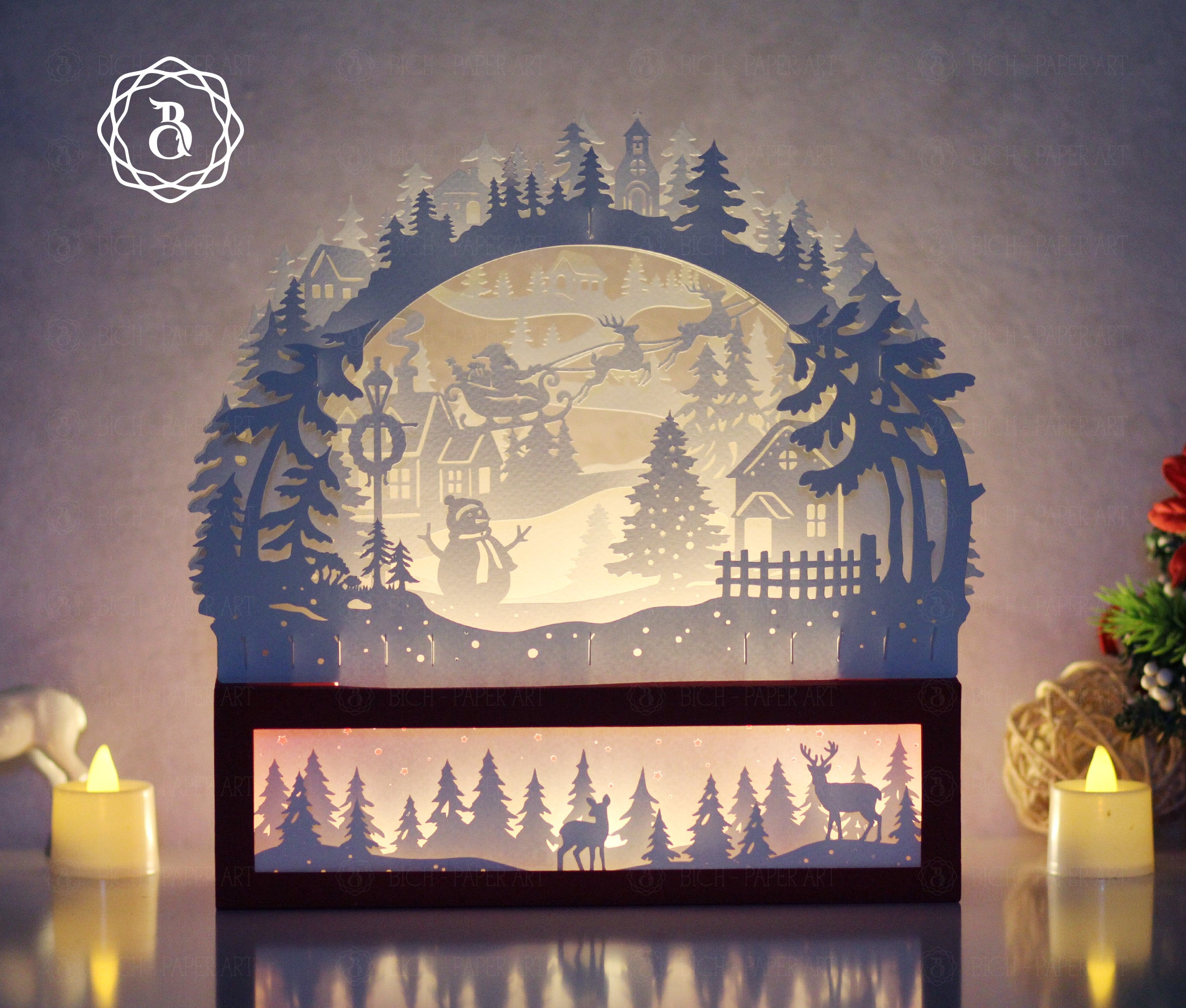 Christmas Santa Claus Riding Reindeer Paper Cut Lamp SVG | Santa Sleigh Shadow Box Light Box