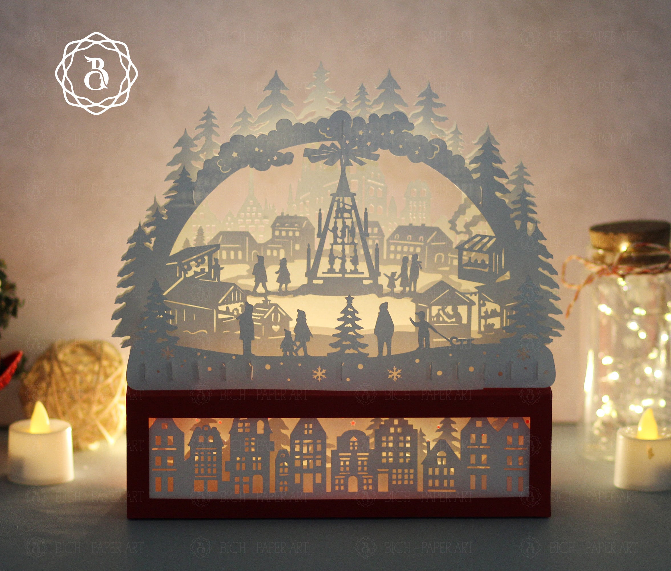 Paper Cut Lamp Christmas Market SVG | Layered Paper Cut File For Cricut Digital Files