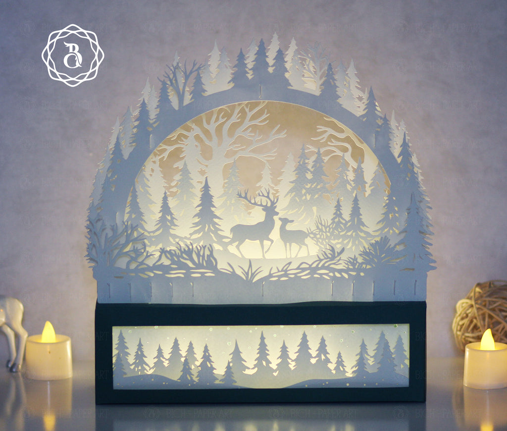 Christmas Deer Paper Cut Lamp SVG | Deer Forest Shadow Box Template