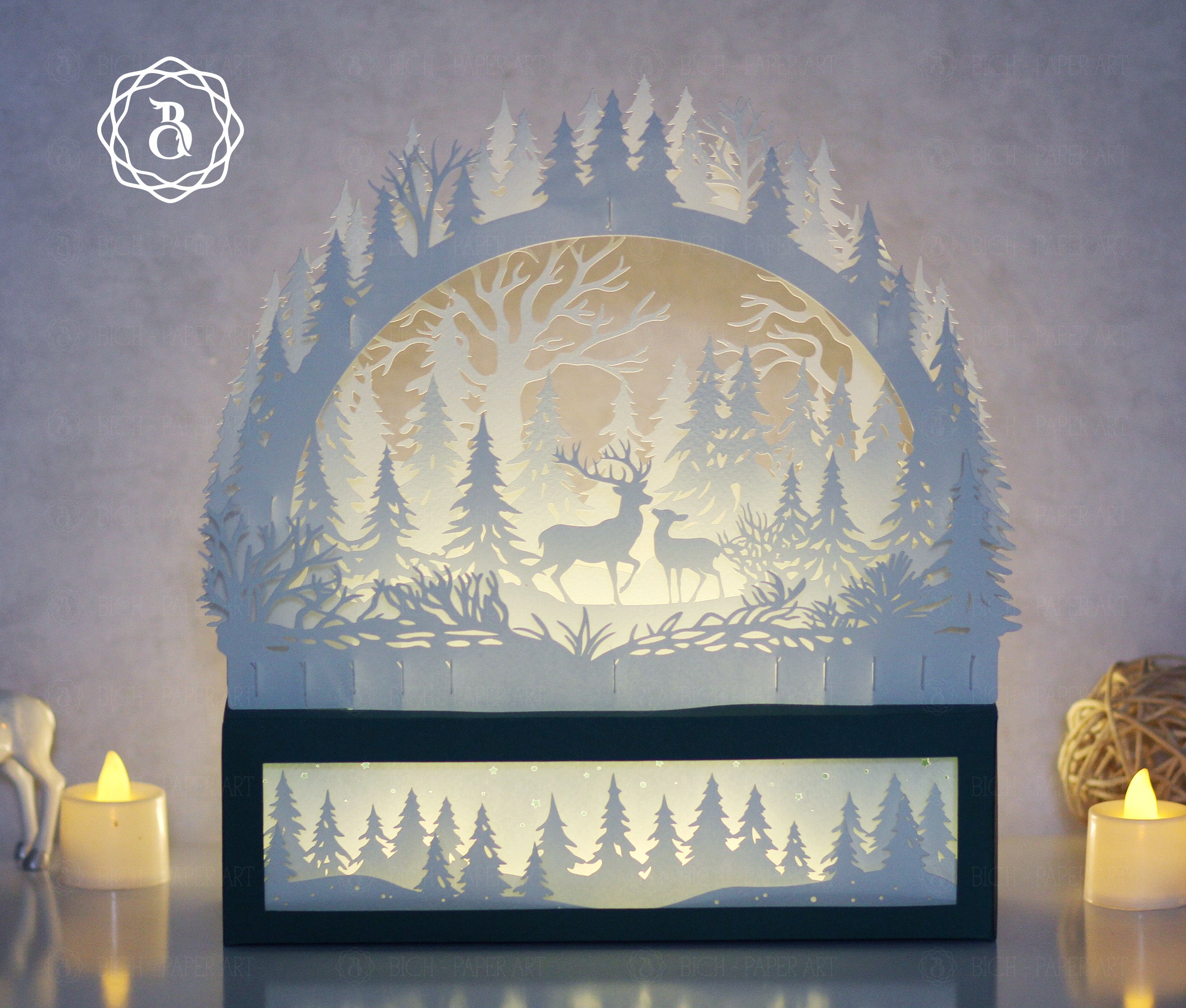Christmas Deer Paper Cut Lamp SVG | Deer Forest Shadow Box Template