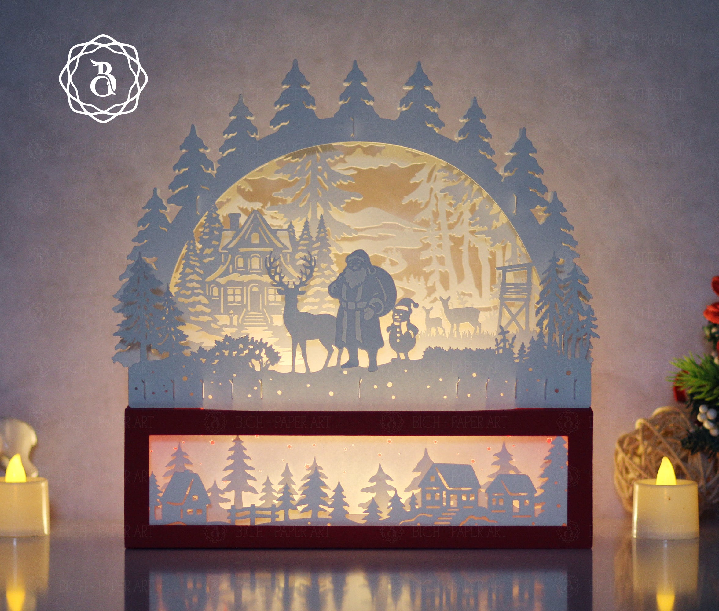 Santa Claus and His Friend Paper Cut Lamp SVG | Christmas Shadow Box Light Box Template