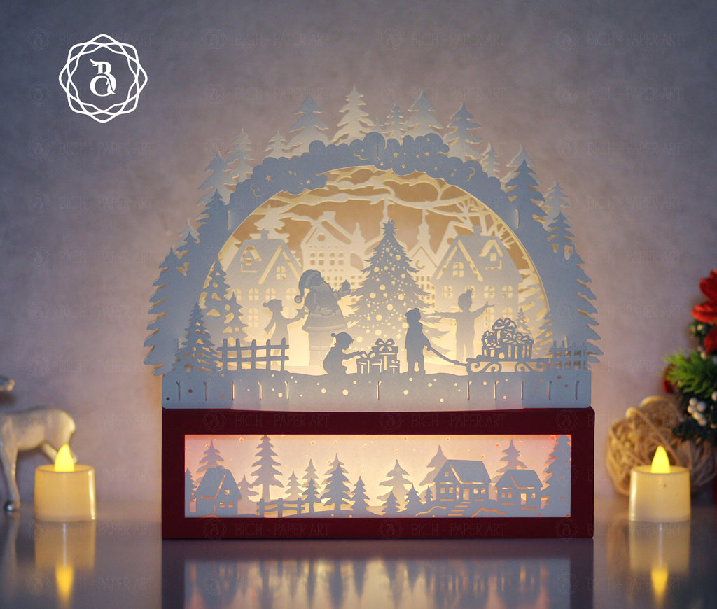 Santa Claus With Christmas Tree Paper Cut Lamp SVG | Christmas Shadow Box Light Box Template Digital Files