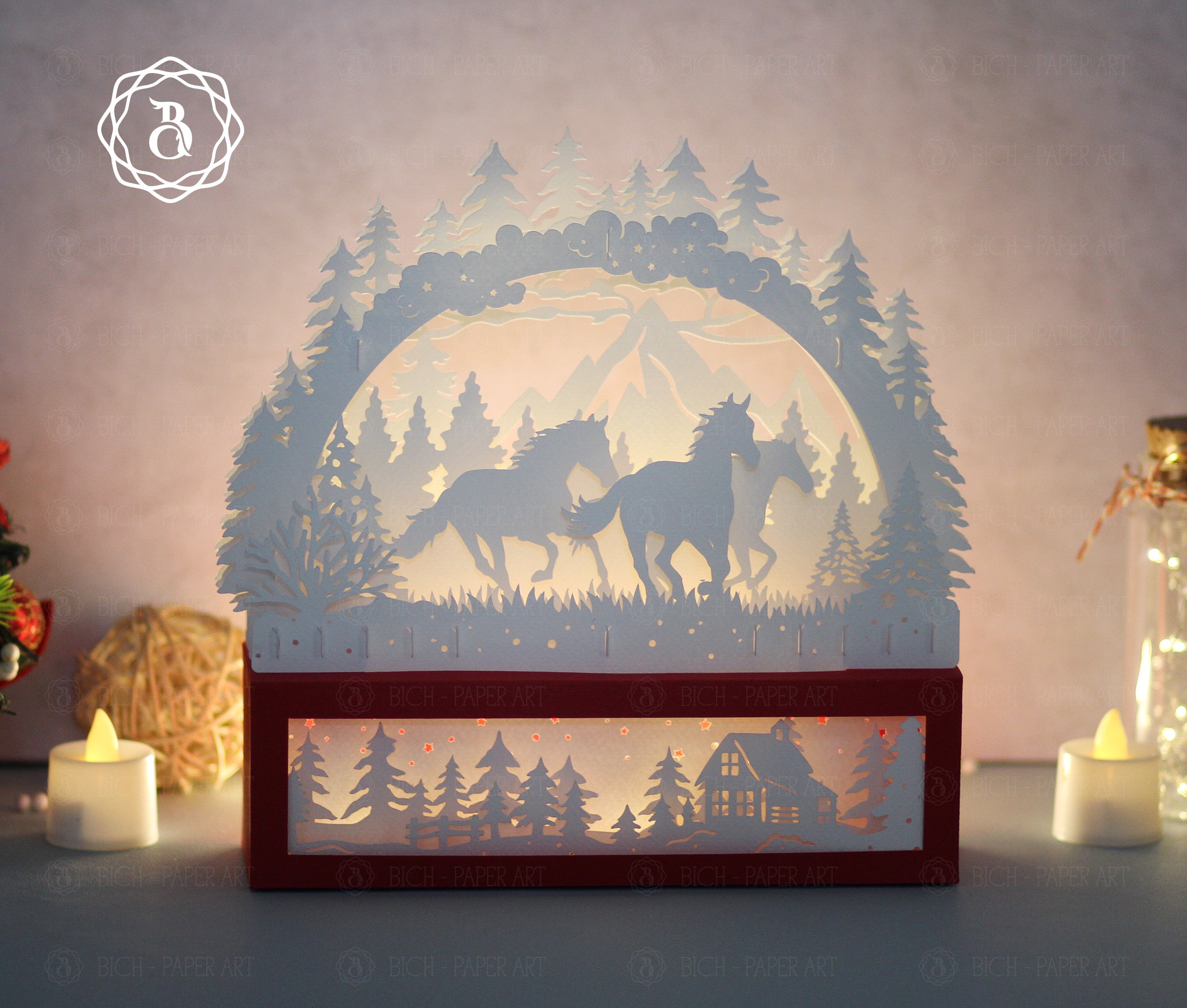 Christmas Horse Paper Cut Lamp SVG | Winter Forest Horse Paper Art Template Digital Files