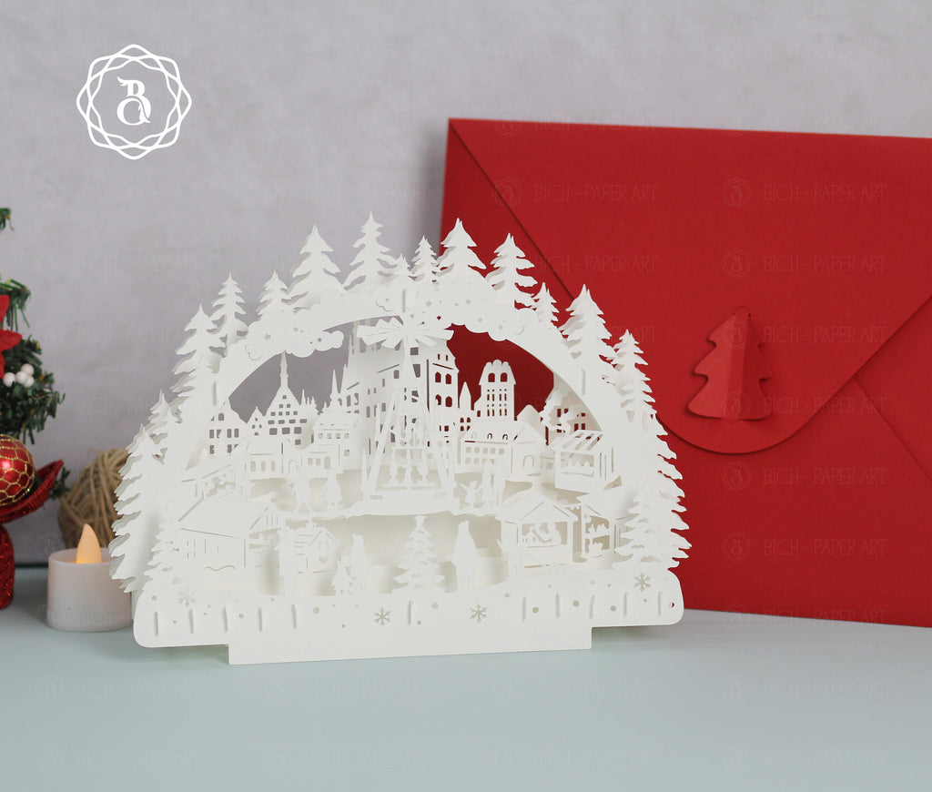 Paper Cut Lamp Christmas Market SVG | Layered Paper Cut File For Cricut Digital Files