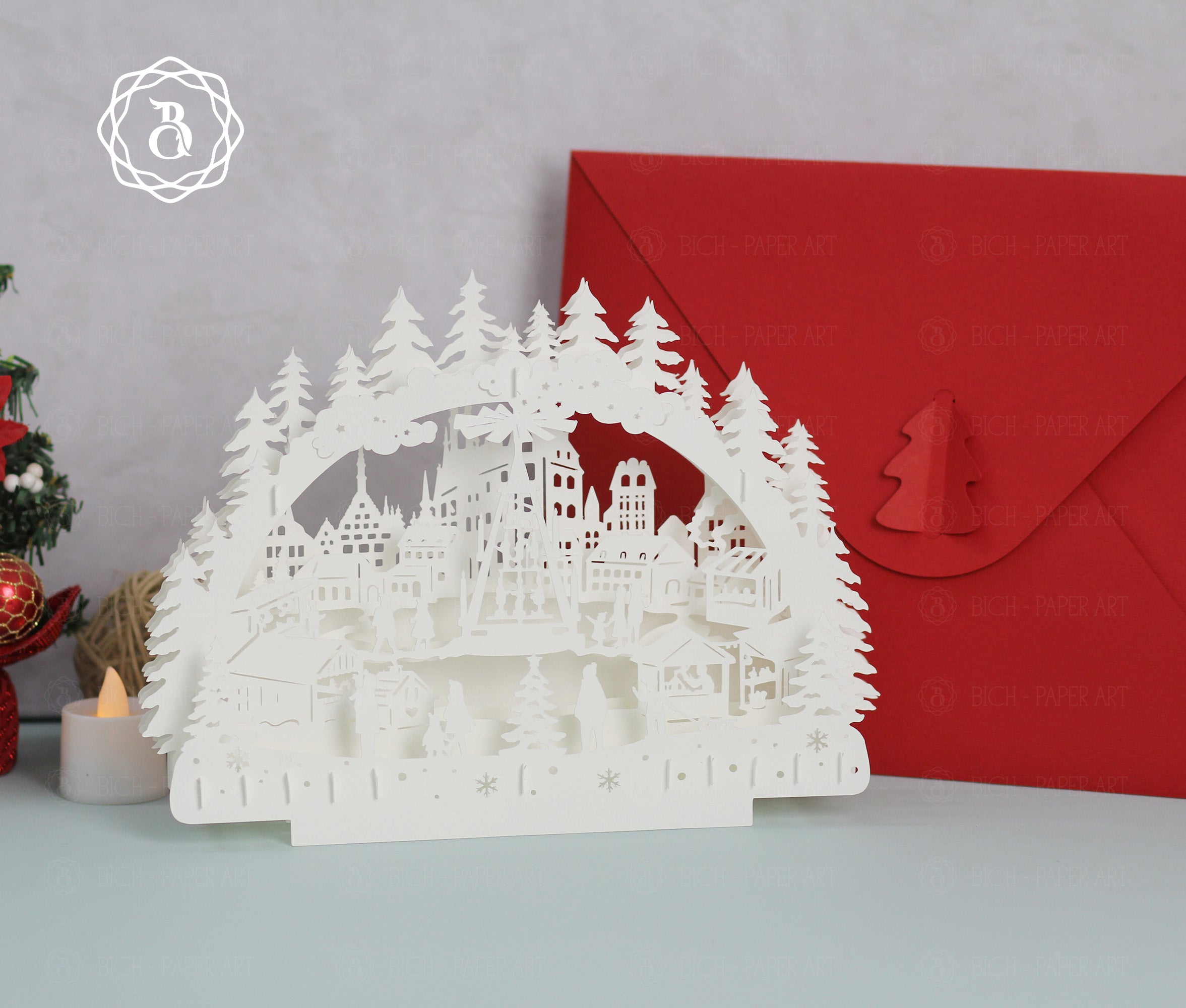 Paper Cut Lamp Christmas Market SVG | Layered Paper Cut File For Cricut Digital Files