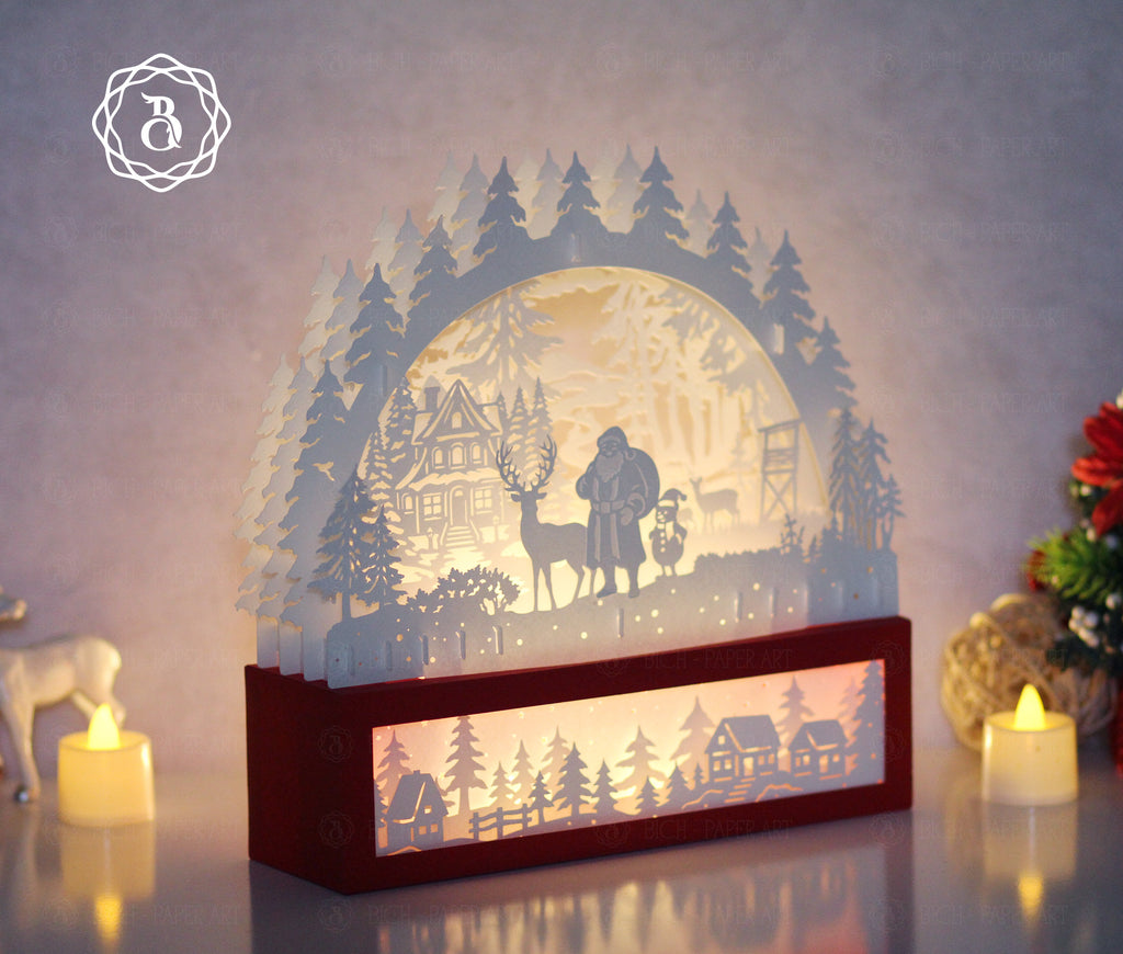 Santa Claus and His Friend Paper Cut Lamp SVG | Christmas Shadow Box Light Box Template