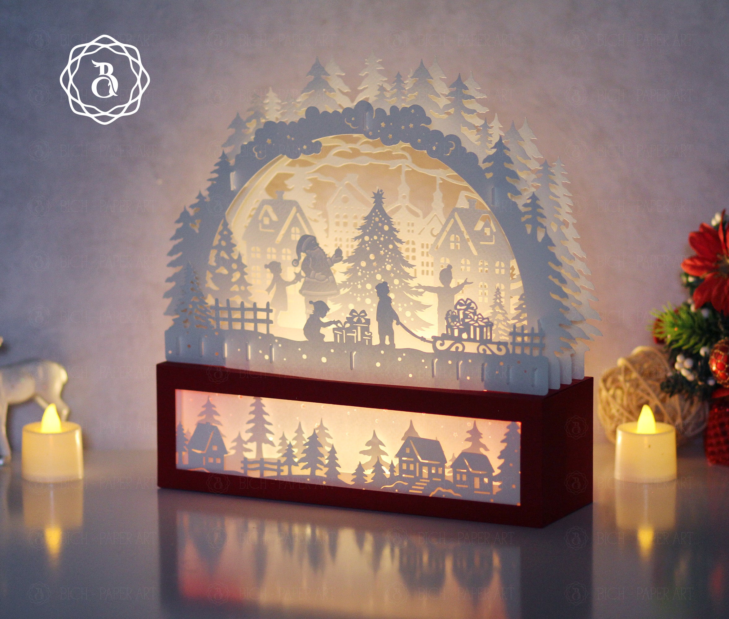 Santa Claus With Christmas Tree Paper Cut Lamp SVG | Christmas Shadow Box Light Box Template Digital Files