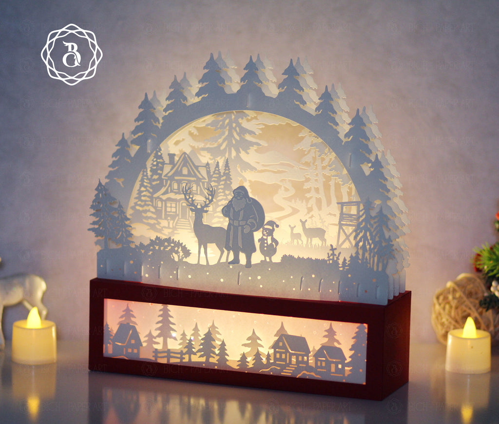 Santa Claus and His Friend Paper Cut Lamp SVG | Christmas Shadow Box Light Box Template