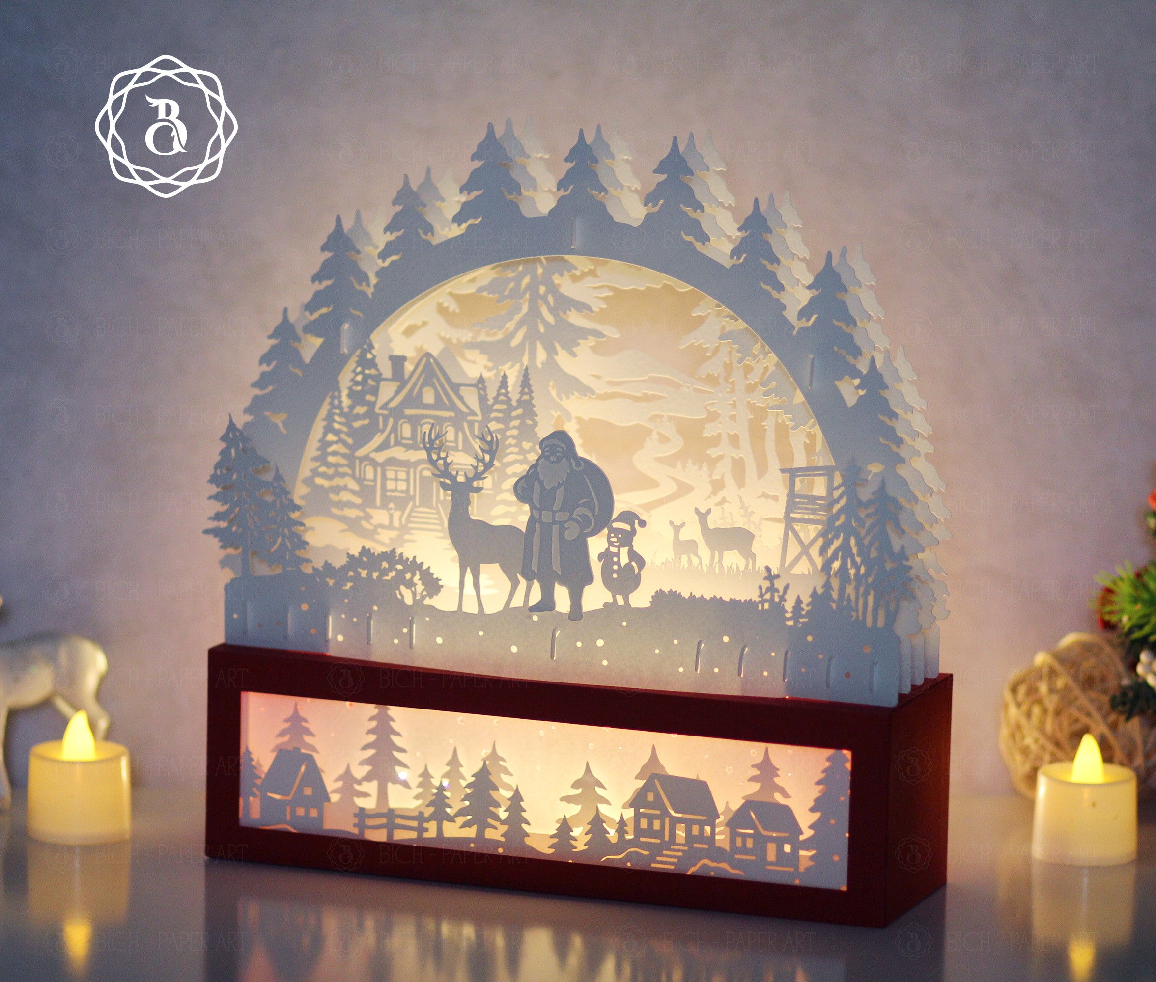 Santa Claus and His Friend Paper Cut Lamp SVG | Christmas Shadow Box Light Box Template