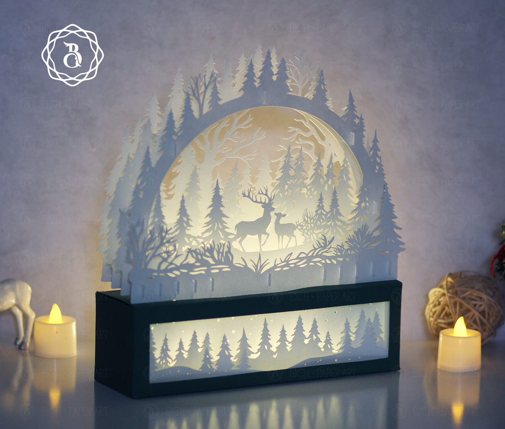 Christmas Deer Paper Cut Lamp SVG | Deer Forest Shadow Box Template