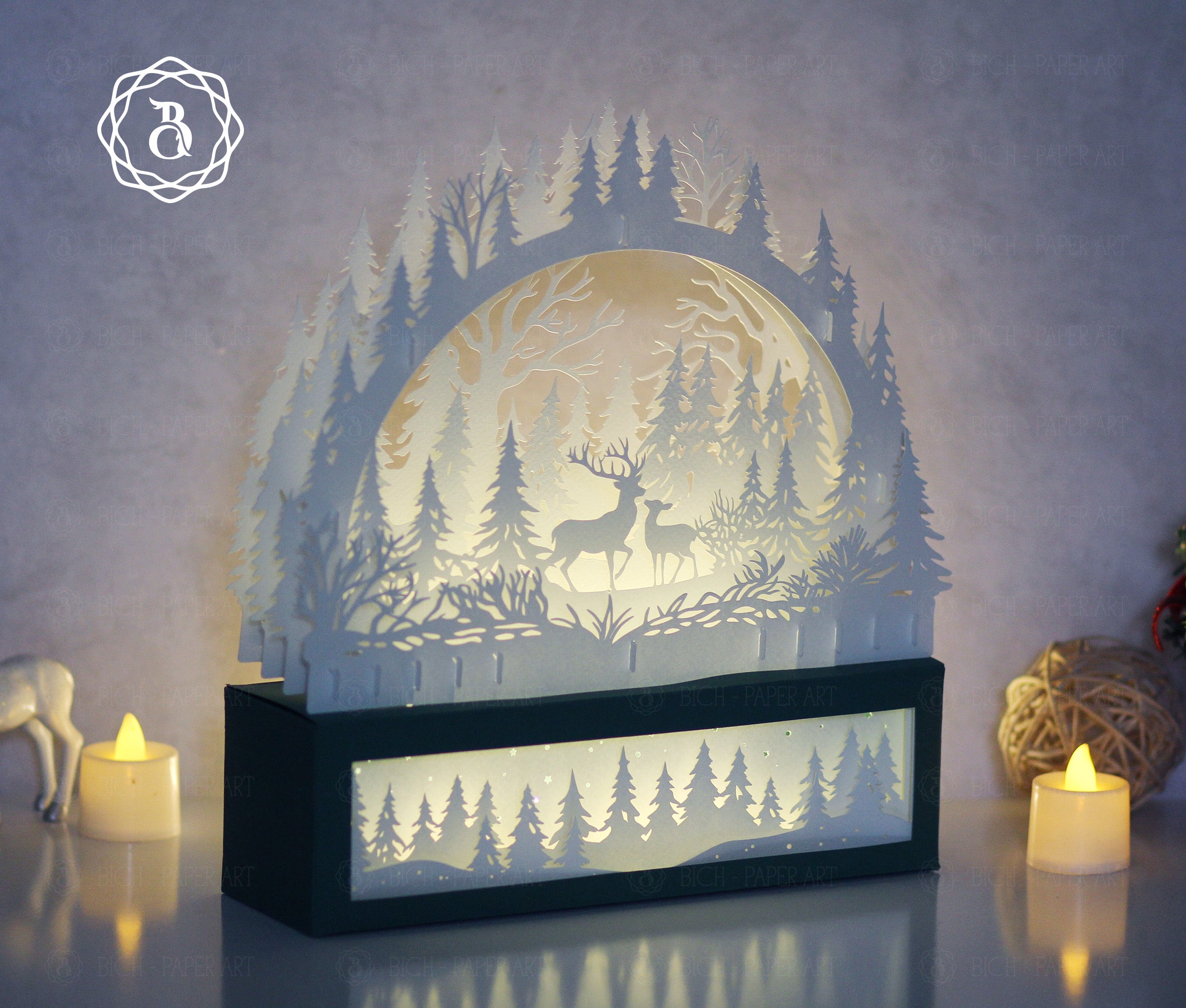 Christmas Deer Paper Cut Lamp SVG | Deer Forest Shadow Box Template