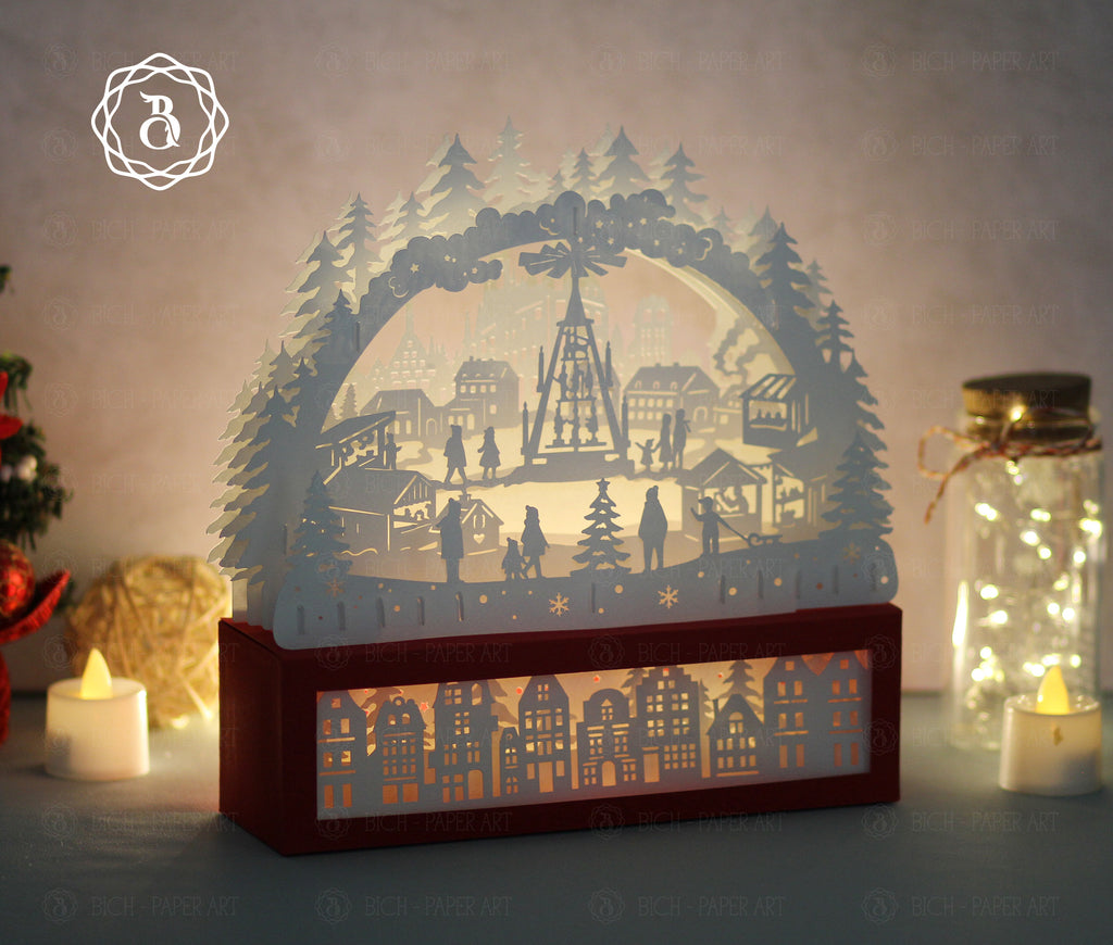 Paper Cut Lamp Christmas Market SVG | Layered Paper Cut File For Cricut Digital Files