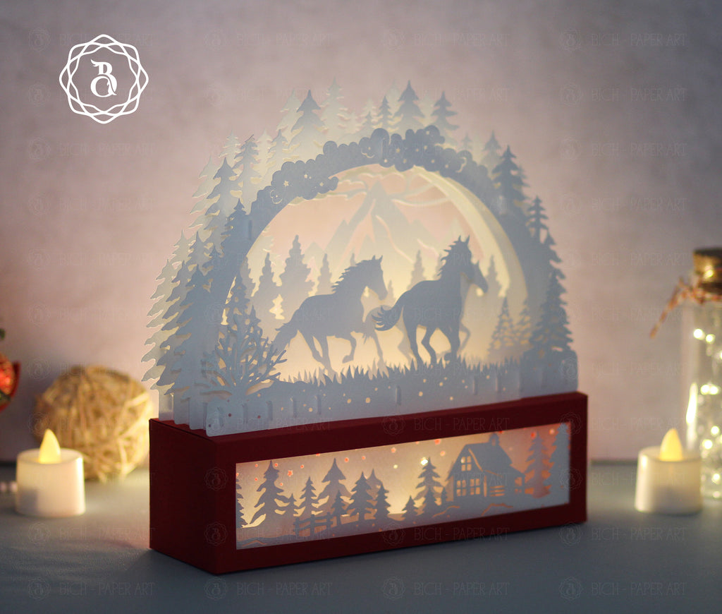 Christmas Horse Paper Cut Lamp SVG | Winter Forest Horse Paper Art Template Digital Files