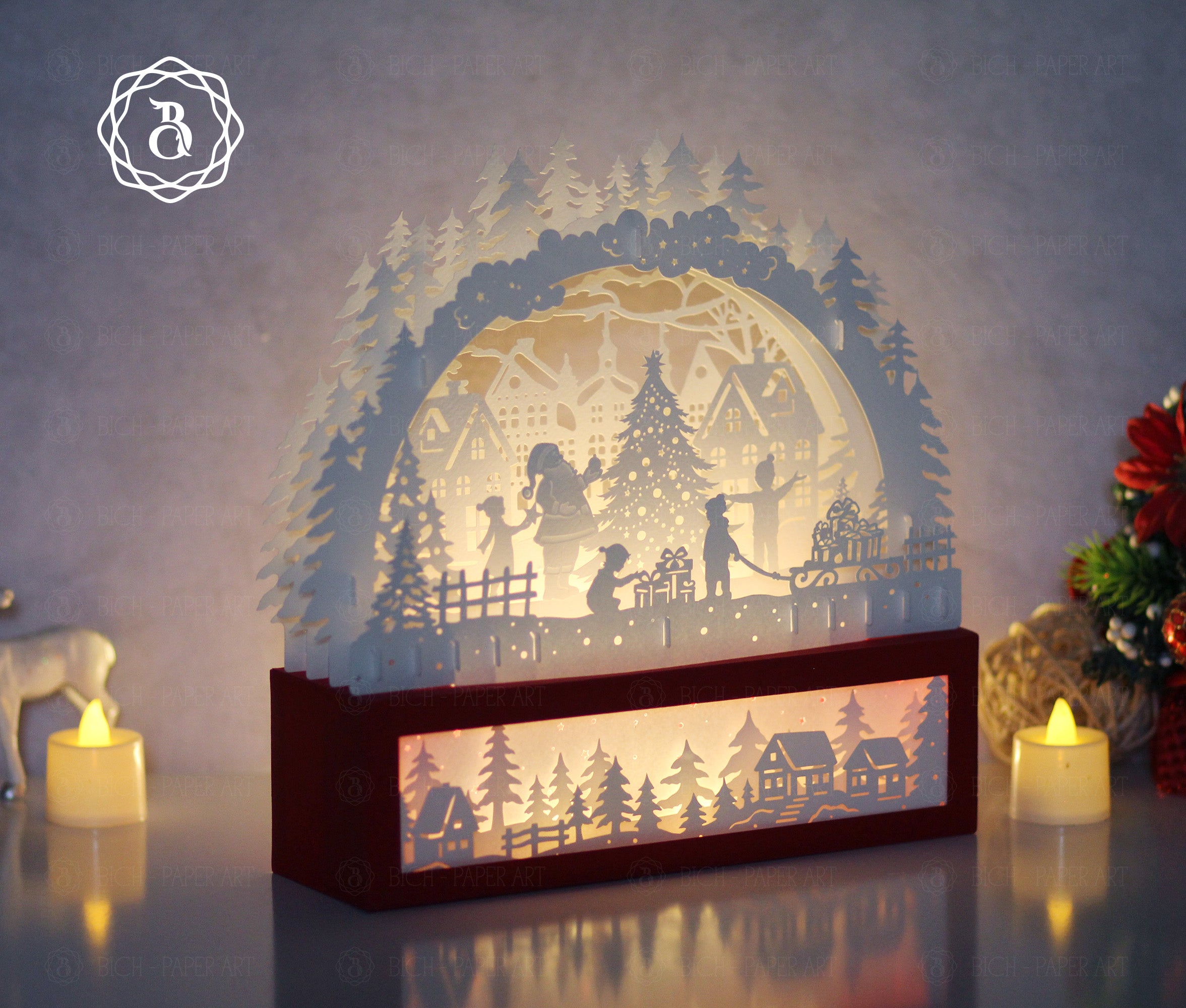 Santa Claus With Christmas Tree Paper Cut Lamp SVG | Christmas Shadow Box Light Box Template Digital Files
