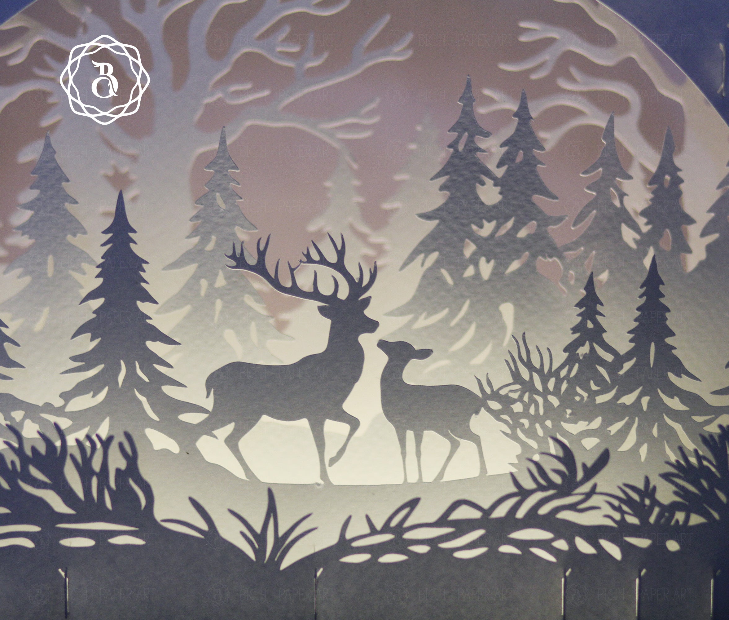 Christmas Deer Paper Cut Lamp SVG | Deer Forest Shadow Box Template