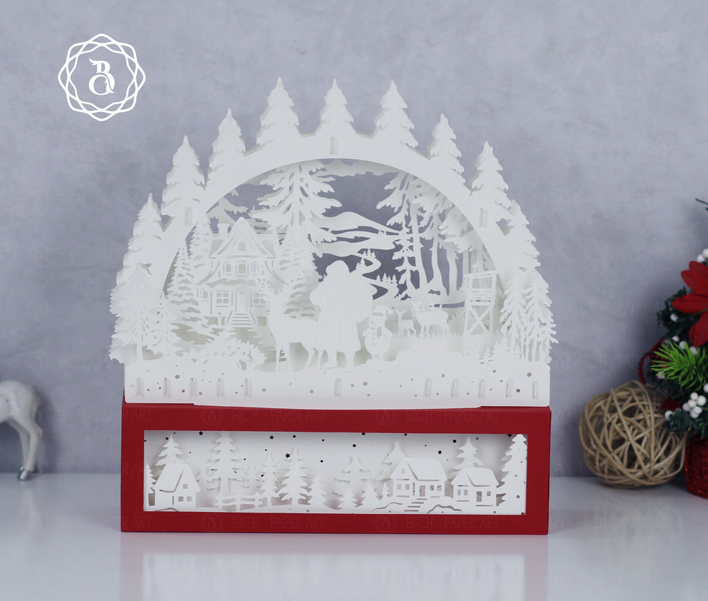 Santa Claus and His Friend Paper Cut Lamp SVG | Christmas Shadow Box Light Box Template