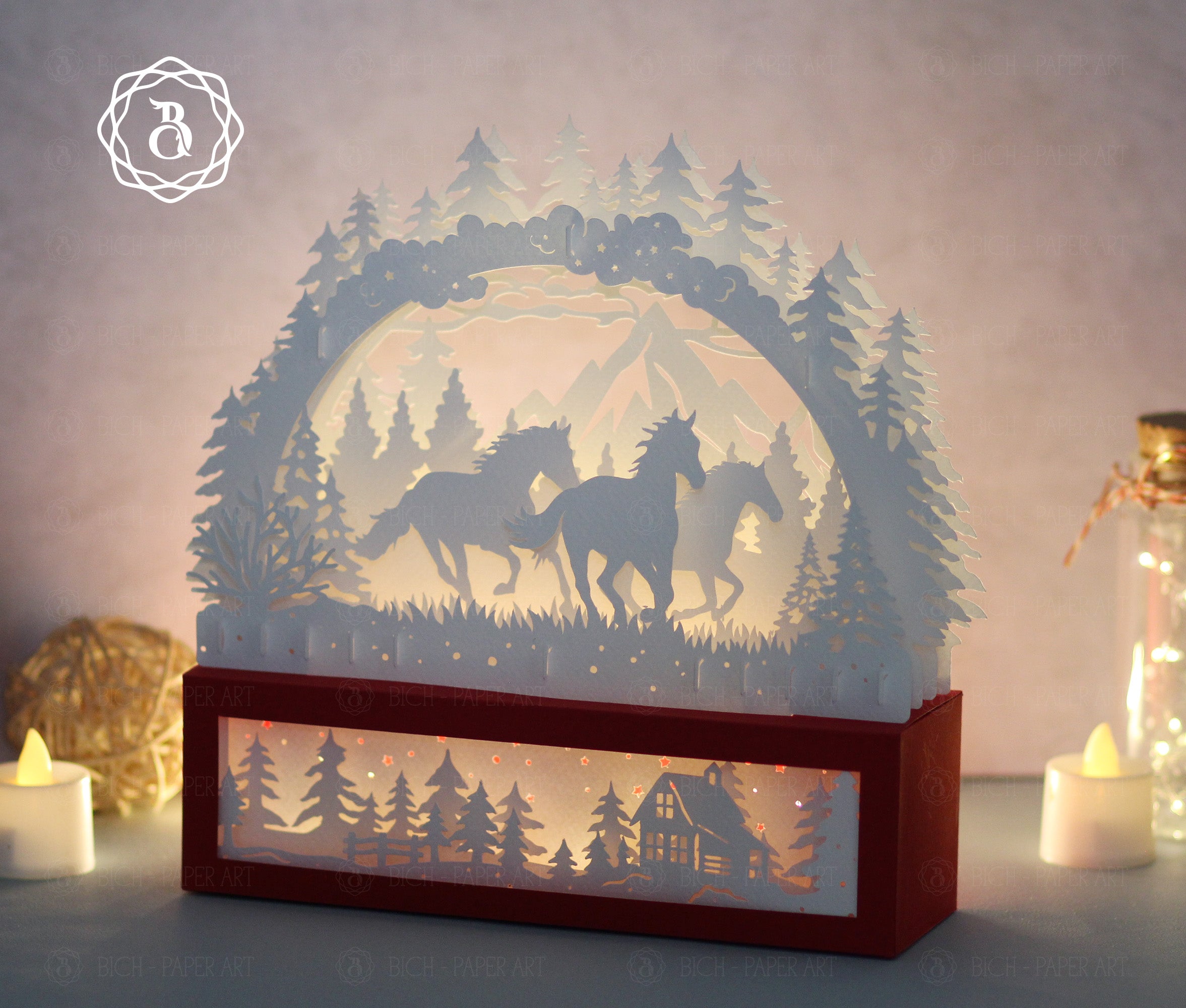 Christmas Horse Paper Cut Lamp SVG | Winter Forest Horse Paper Art Template Digital Files
