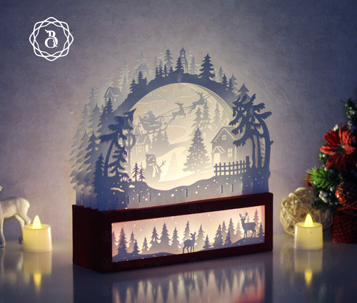 Christmas Santa Claus Riding Reindeer Paper Cut Lamp SVG | Santa Sleigh Shadow Box Light Box