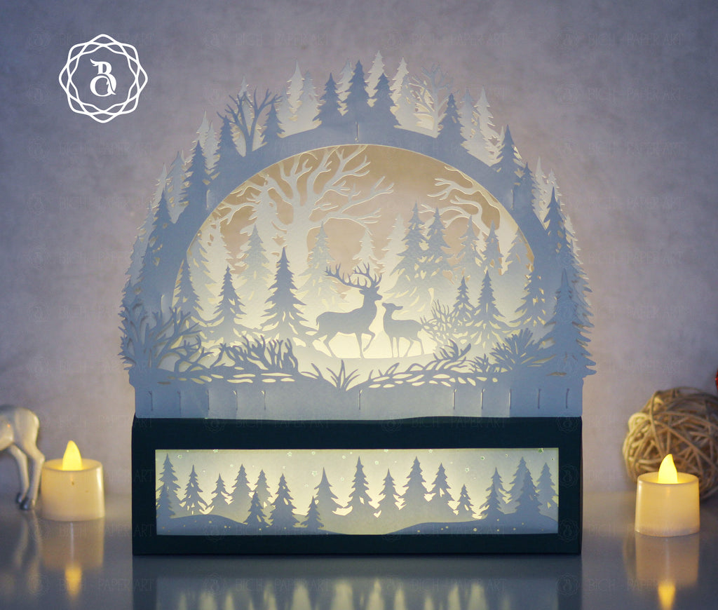Christmas Deer Paper Cut Lamp SVG | Deer Forest Shadow Box Template