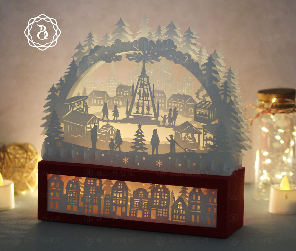Paper Cut Lamp Christmas Market SVG | Layered Paper Cut File For Cricut Digital Files