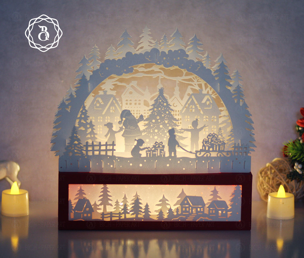 Santa Claus With Christmas Tree Paper Cut Lamp SVG | Christmas Shadow Box Light Box Template Digital Files