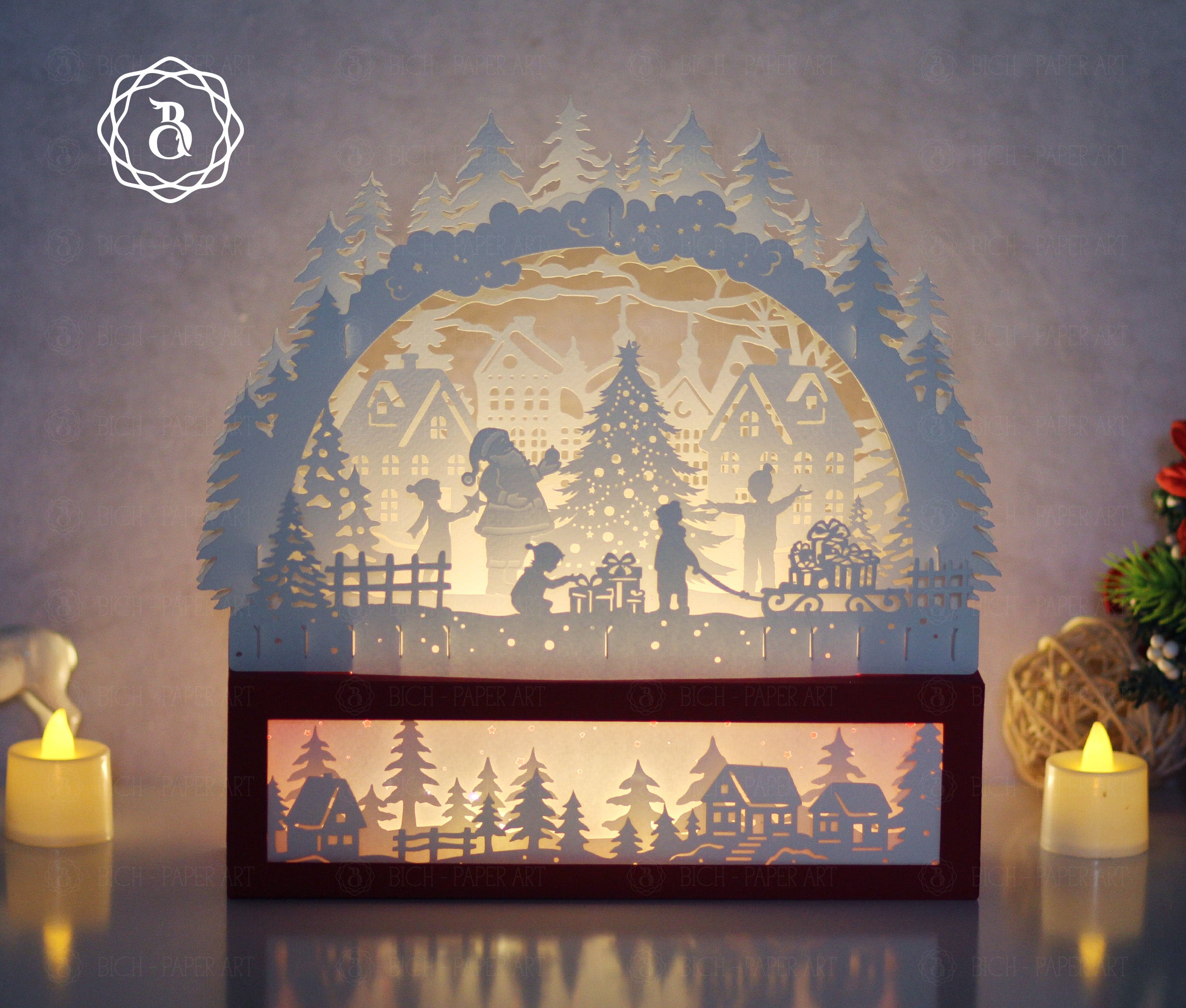 Santa Claus With Christmas Tree Paper Cut Lamp SVG | Christmas Shadow Box Light Box Template Digital Files