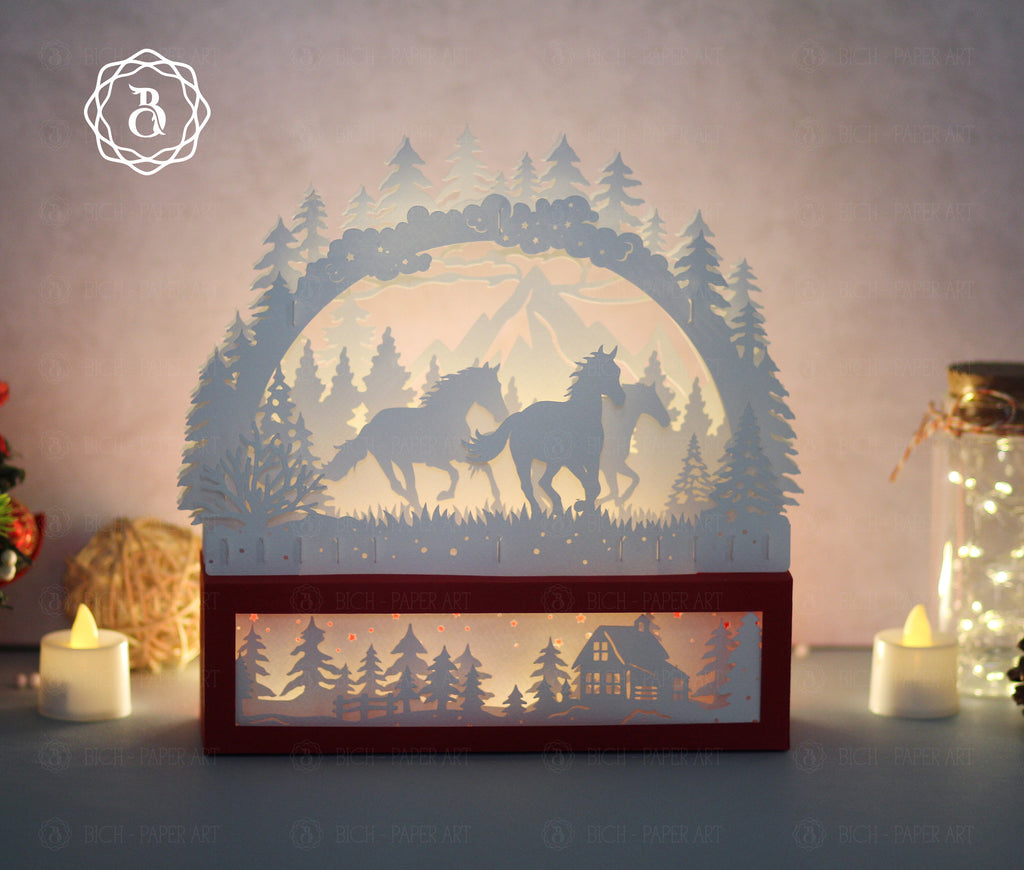 Christmas Horse Paper Cut Lamp SVG | Winter Forest Horse Paper Art Template Digital Files