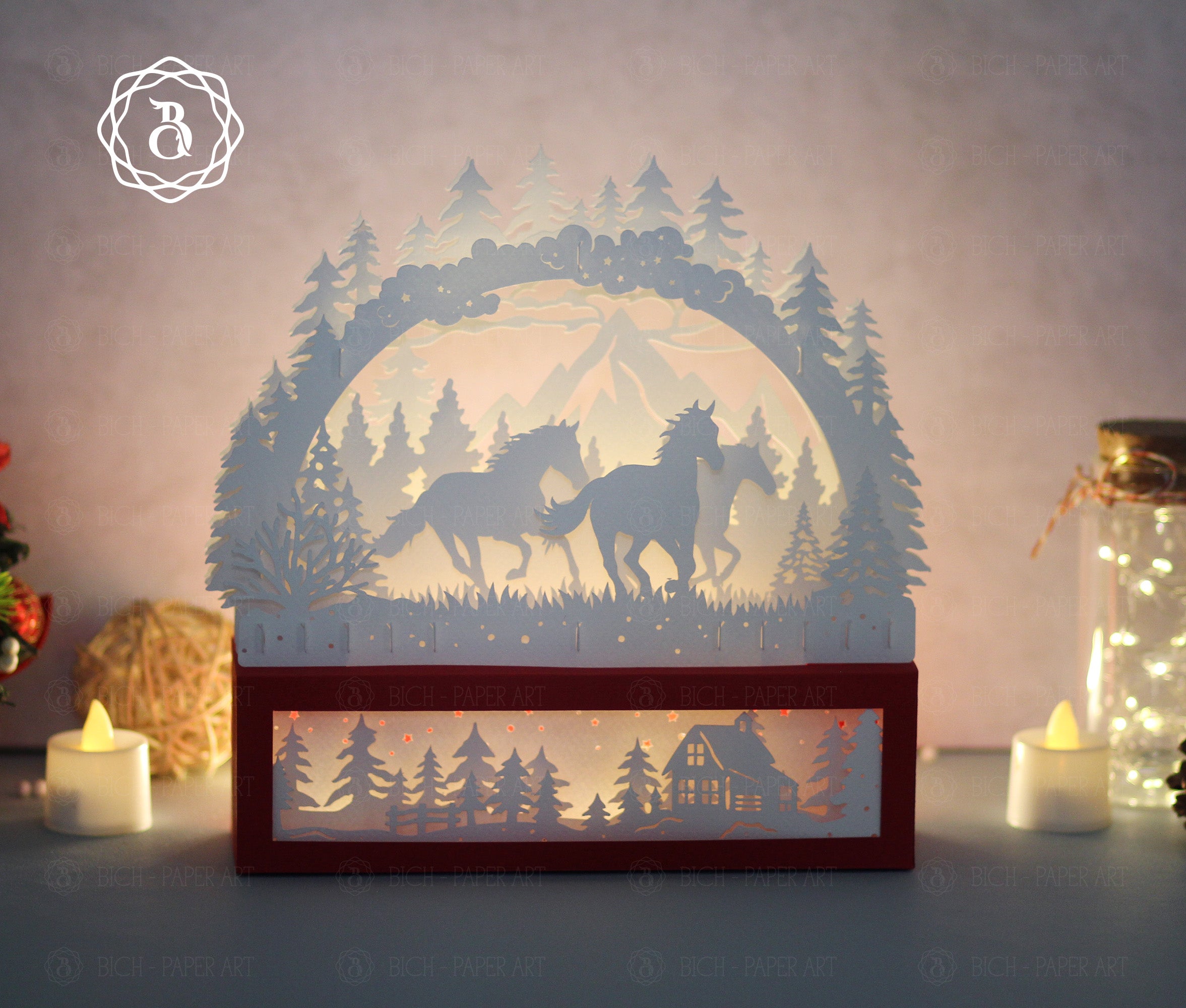 Christmas Horse Paper Cut Lamp SVG | Winter Forest Horse Paper Art Template Digital Files
