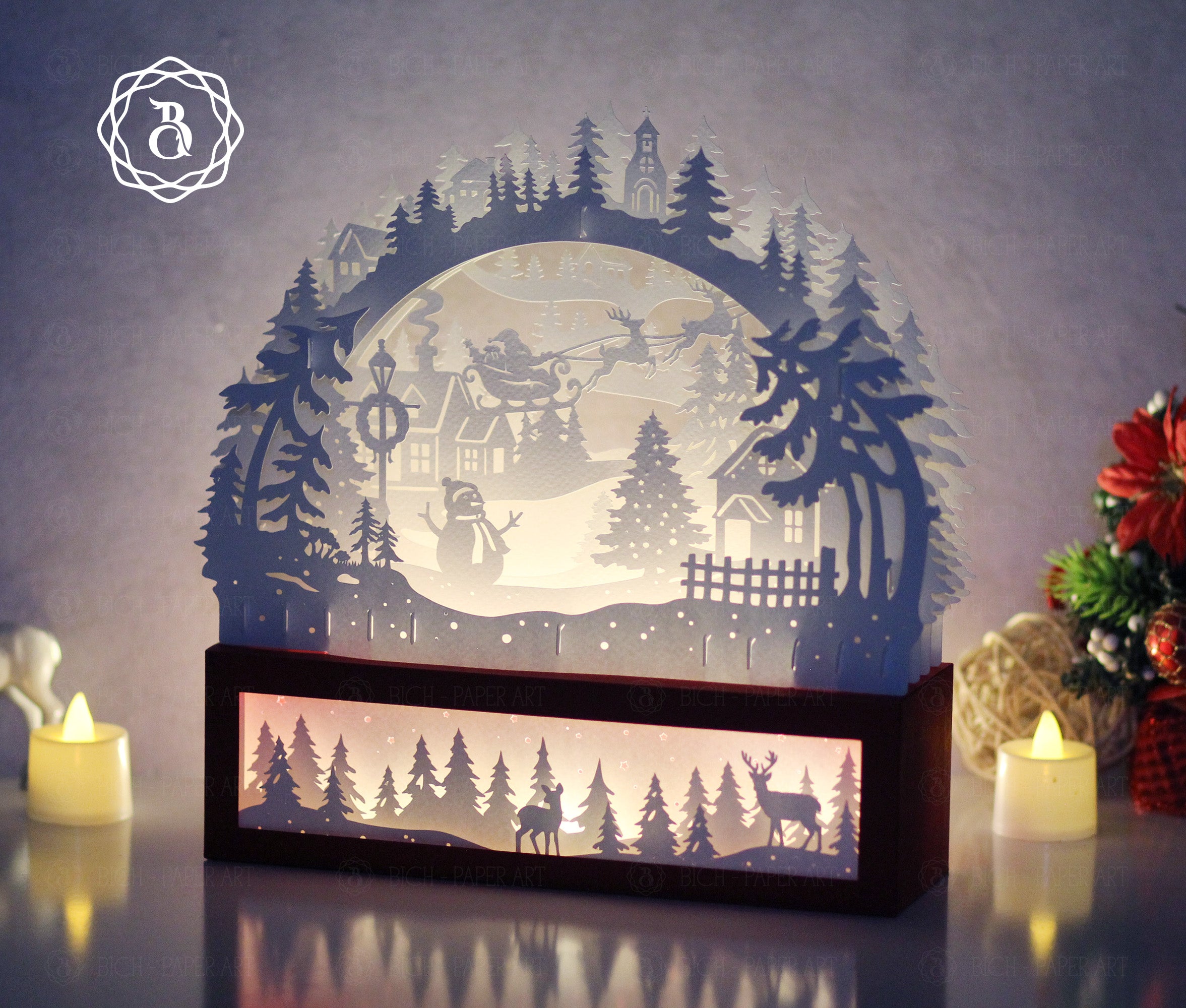Christmas Santa Claus Riding Reindeer Paper Cut Lamp SVG | Santa Sleigh Shadow Box Light Box