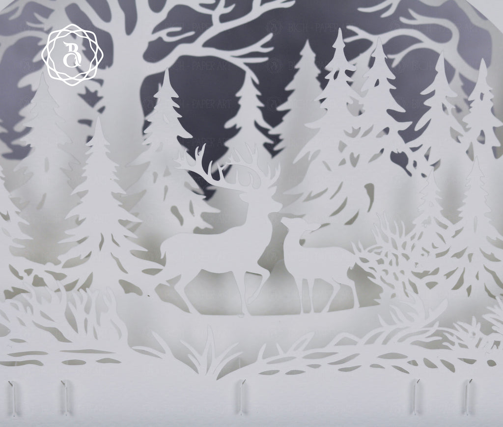 Christmas Deer Paper Cut Lamp SVG | Deer Forest Shadow Box Template