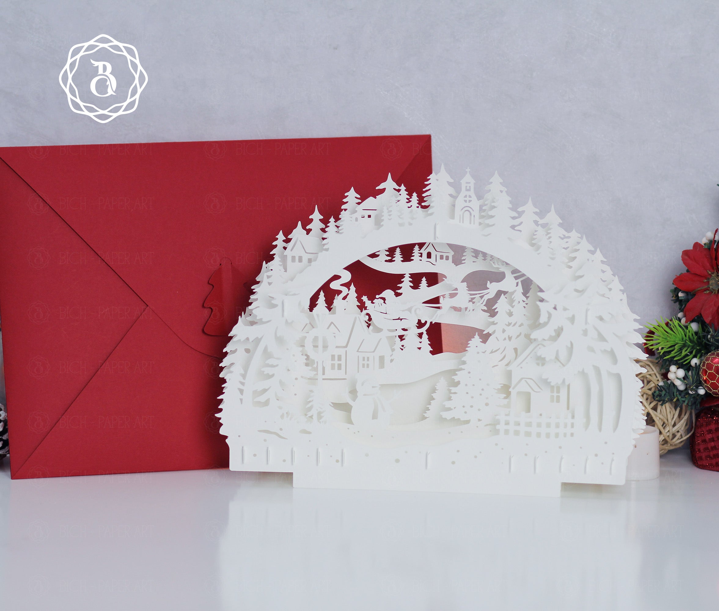 Christmas Santa Claus Riding Reindeer Paper Cut Lamp SVG | Santa Sleigh Shadow Box Light Box