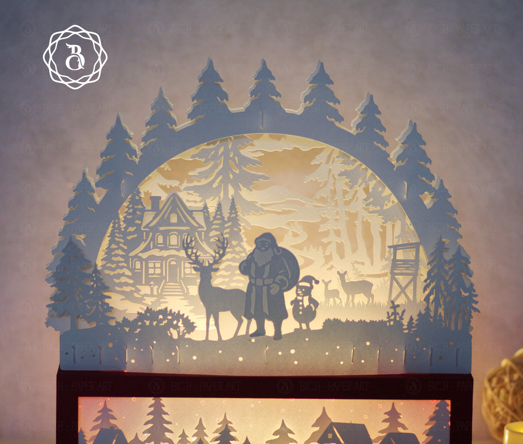 Santa Claus and His Friend Paper Cut Lamp SVG | Christmas Shadow Box Light Box Template