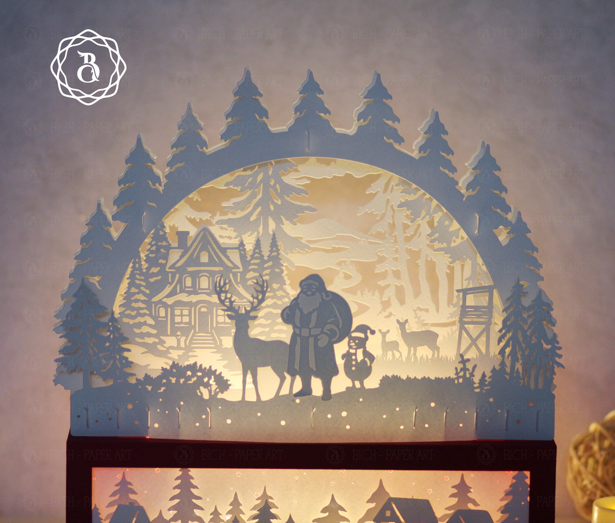 Santa Claus and His Friend Paper Cut Lamp SVG | Christmas Shadow Box Light Box Template