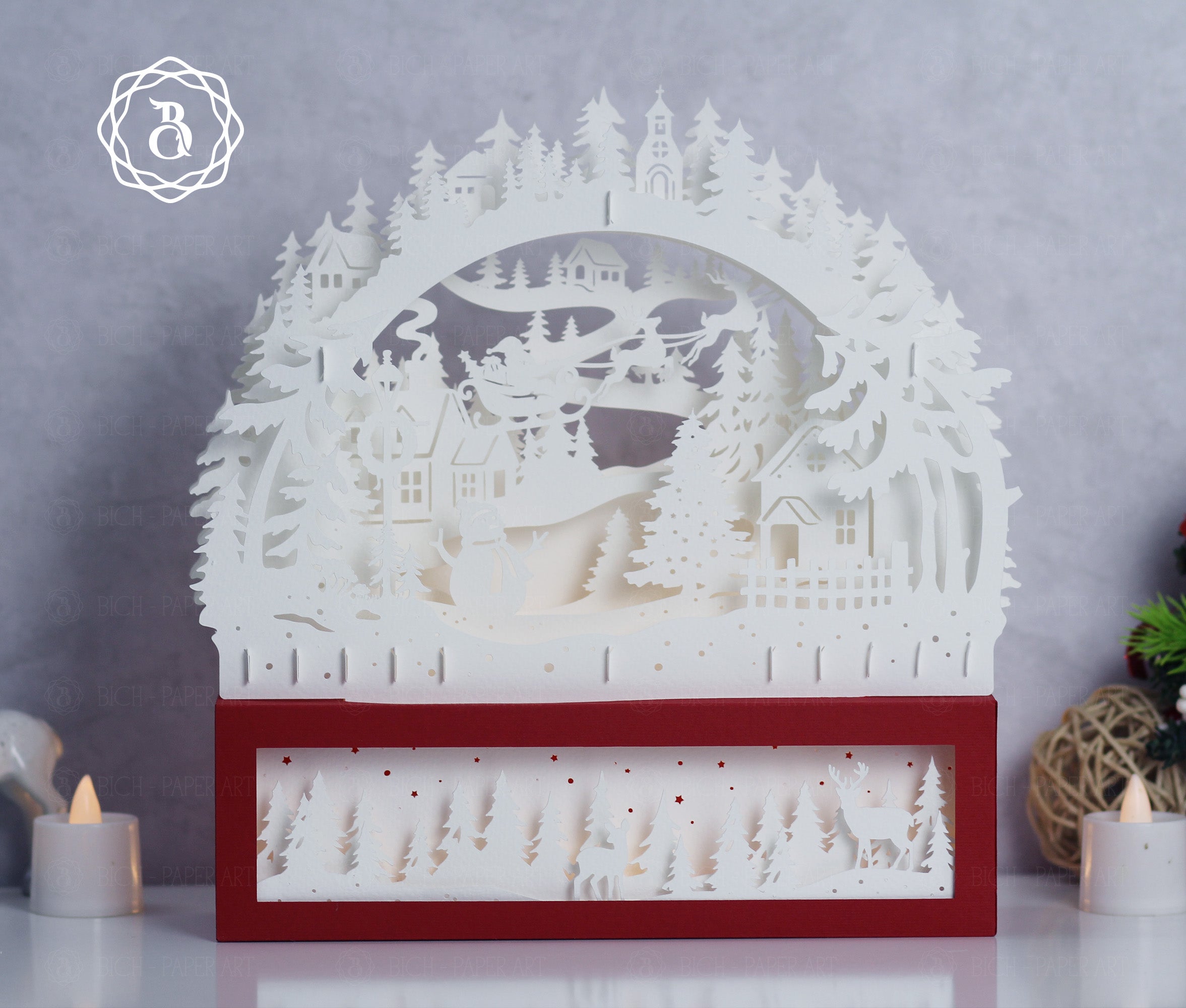 Christmas Santa Claus Riding Reindeer Paper Cut Lamp SVG | Santa Sleigh Shadow Box Light Box