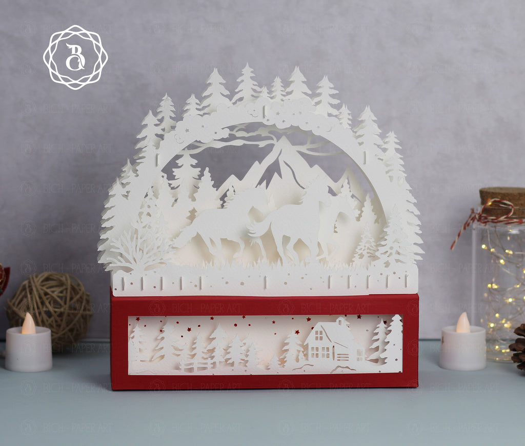 Christmas Horse Paper Cut Lamp SVG | Winter Forest Horse Paper Art Template Digital Files