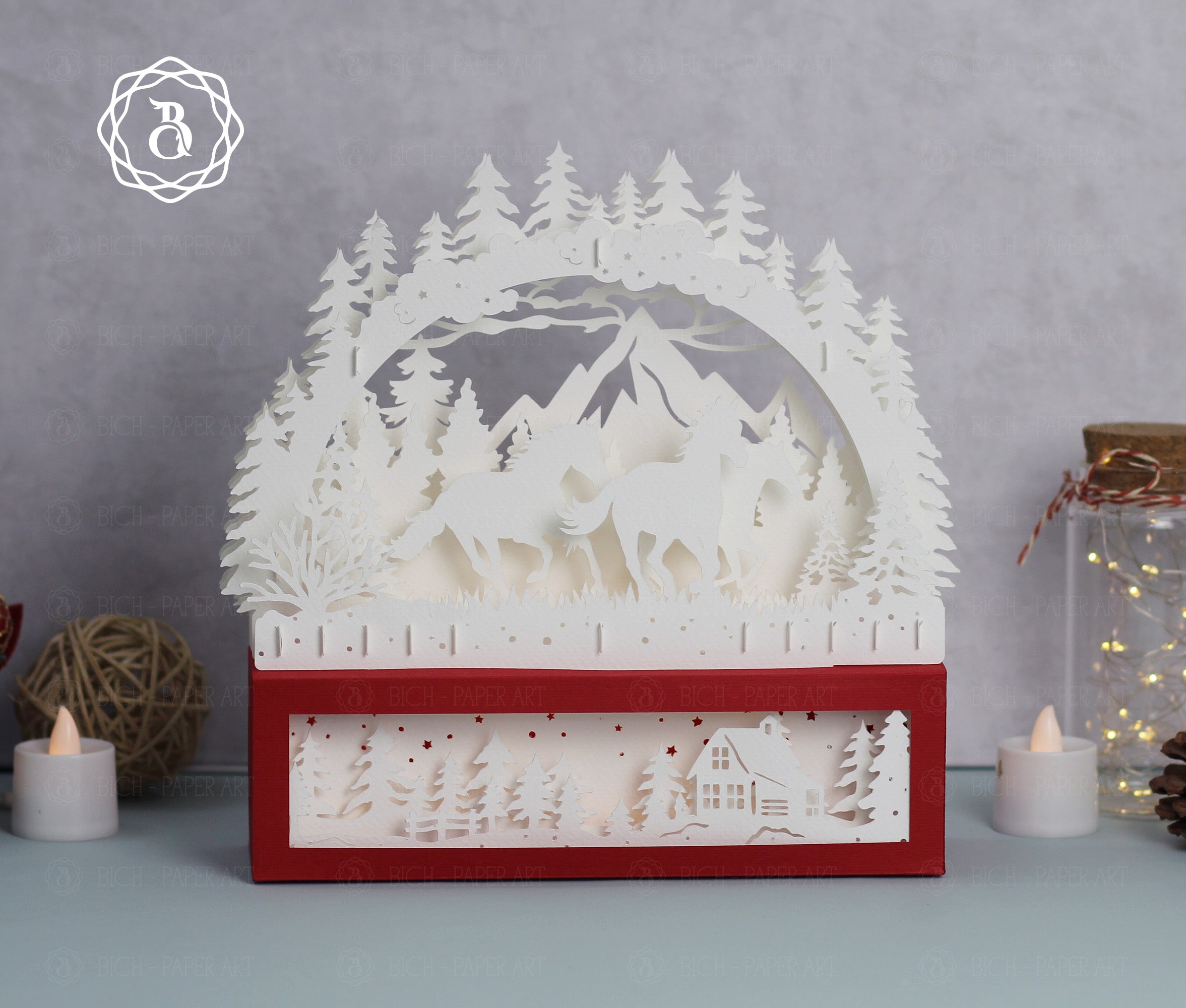 Christmas Horse Paper Cut Lamp SVG | Winter Forest Horse Paper Art Template Digital Files